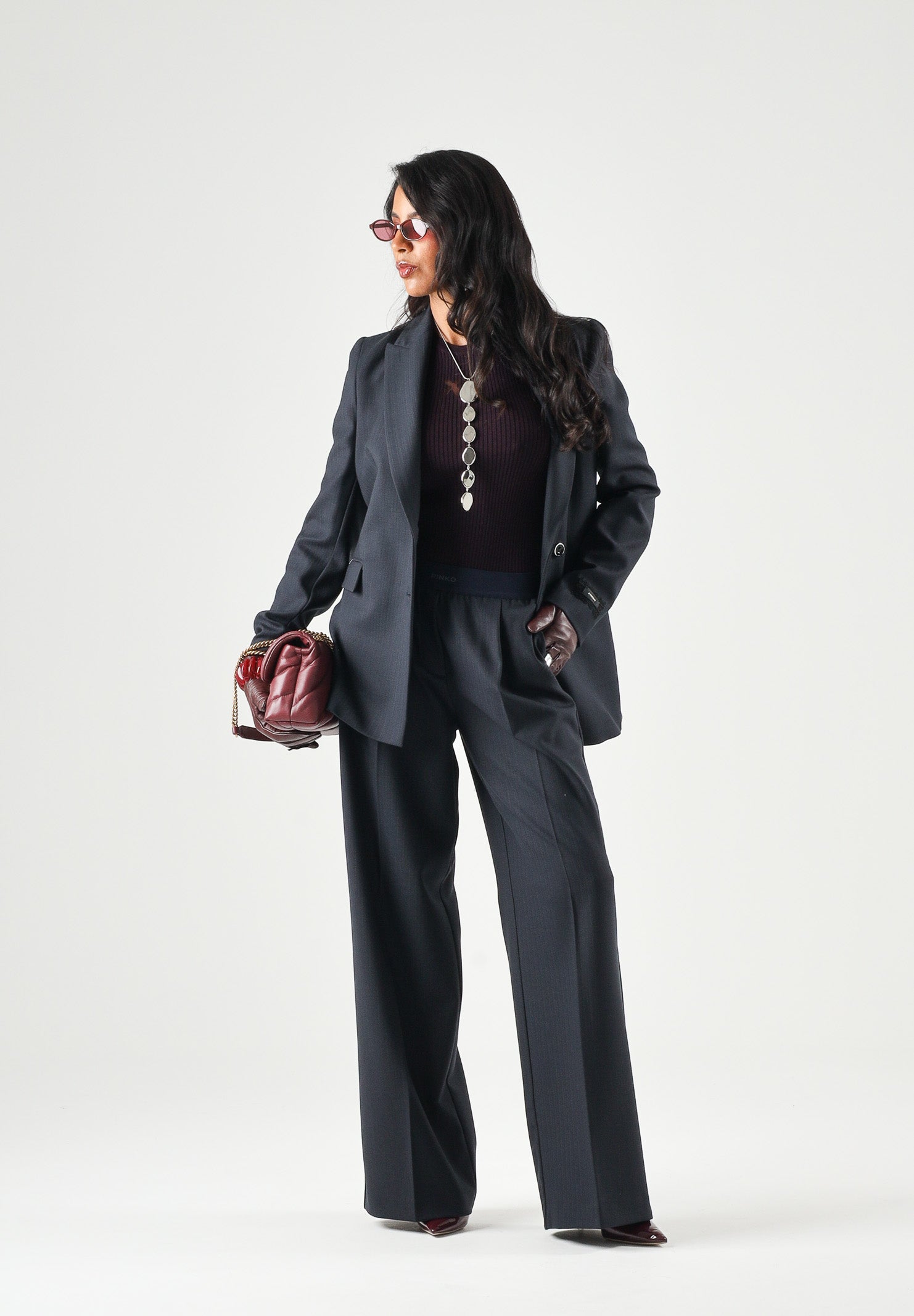 PINKO Pantaloni PHAIUS palazzo in misto lana blu, da donna, con motivo a spiga effetto mosso. 107560A3IF G03 PINKO