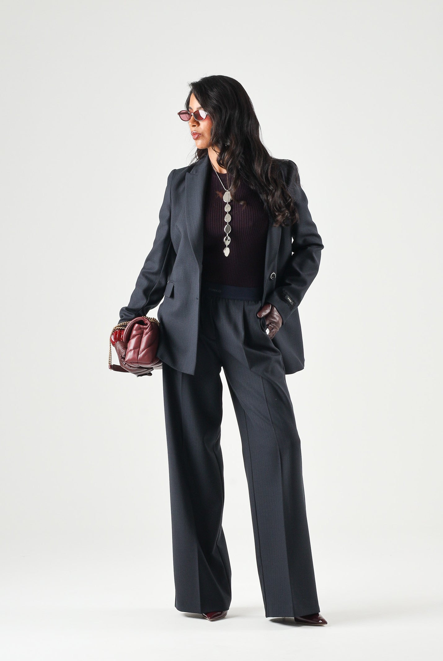 PINKO Pantaloni PHAIUS palazzo in misto lana blu, da donna, con motivo a spiga effetto mosso. 107560A3IF G03 PINKO