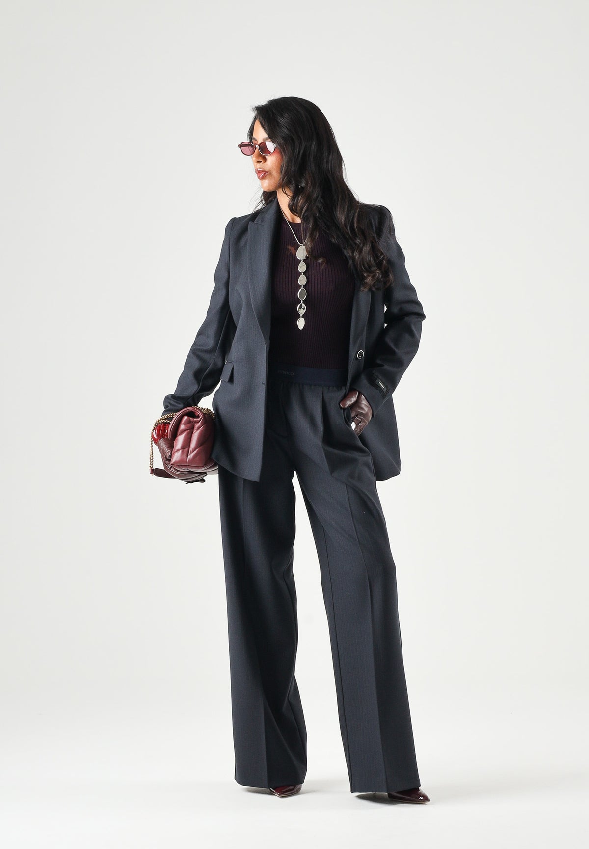 PINKO Pantaloni PHAIUS palazzo in misto lana blu, da donna, con motivo a spiga effetto mosso. 107560A3IF G03 PINKO