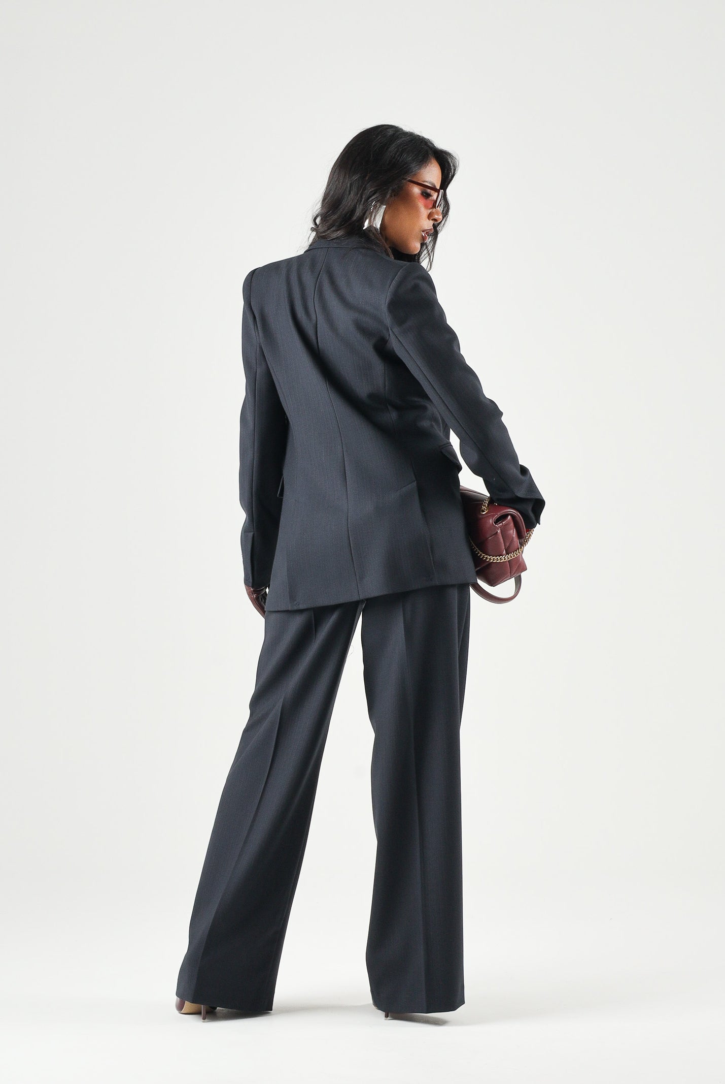 PINKO Pantaloni PHAIUS palazzo in misto lana blu, da donna, con motivo a spiga effetto mosso. 107560A3IF G03 PINKO