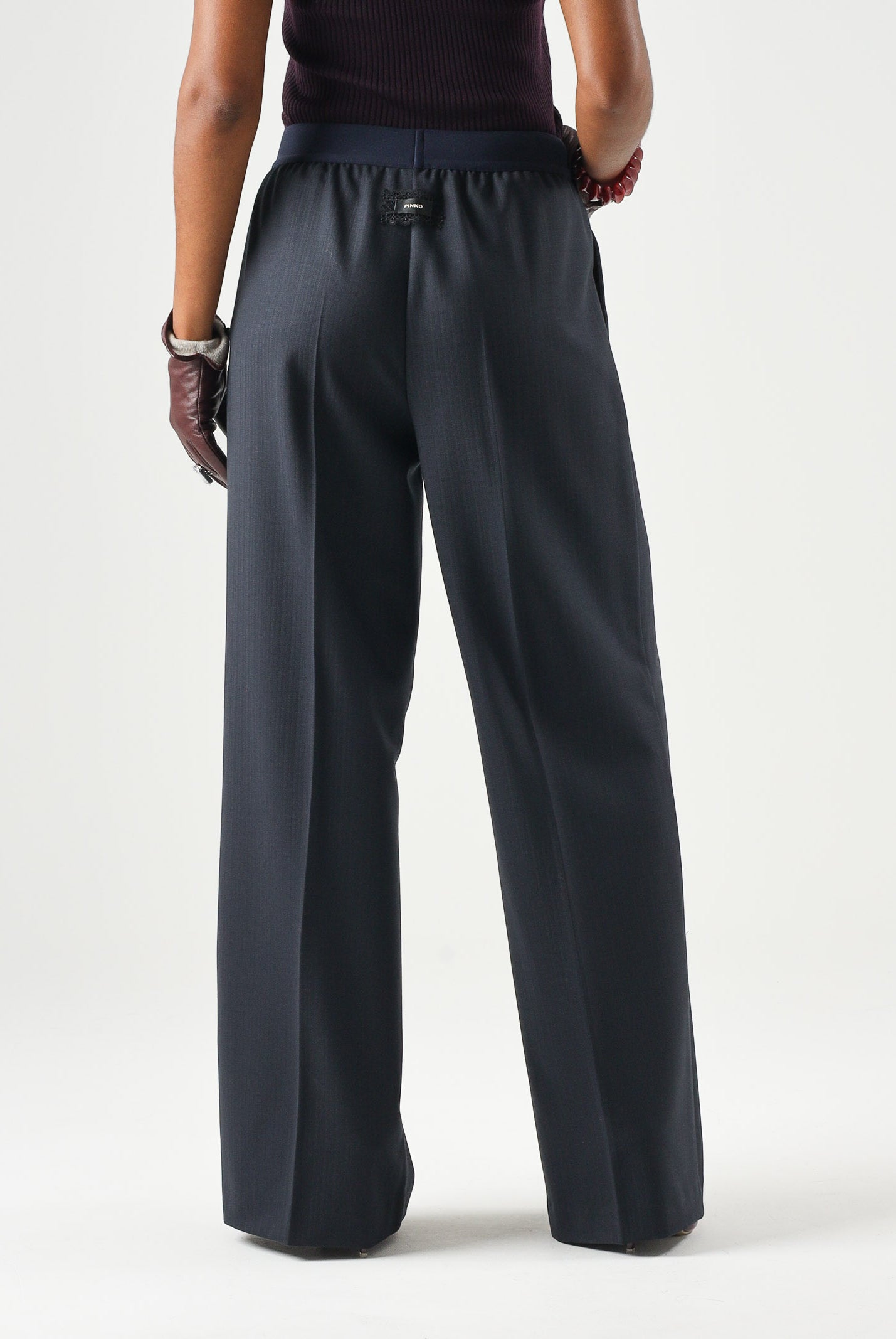 PINKO Pantaloni PHAIUS palazzo in misto lana blu, da donna, con motivo a spiga effetto mosso. 107560A3IF G03 PINKO