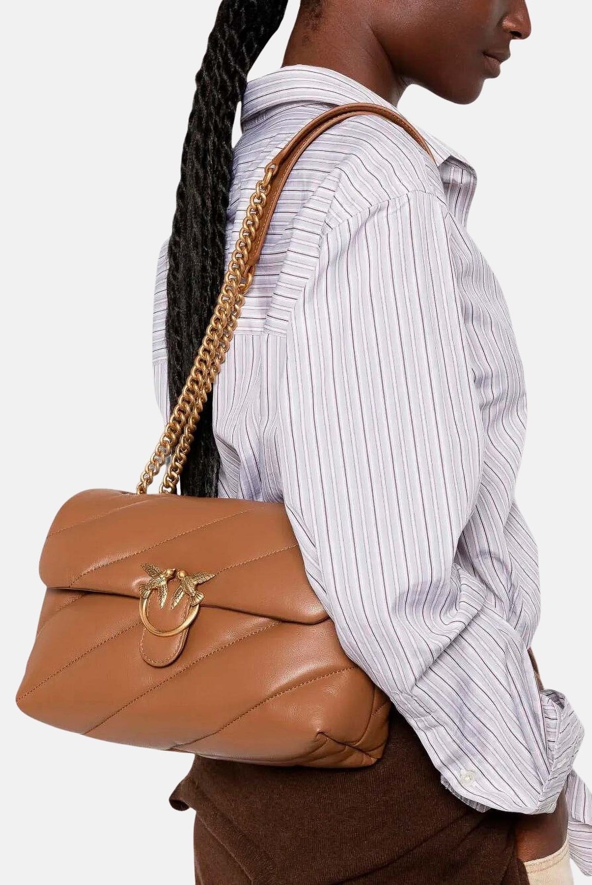 PINKO Borsa a tracolla Love Puff Classic marrone cognac per donna con trapuntatura chevron 107616A0F2 M37Q PINKO