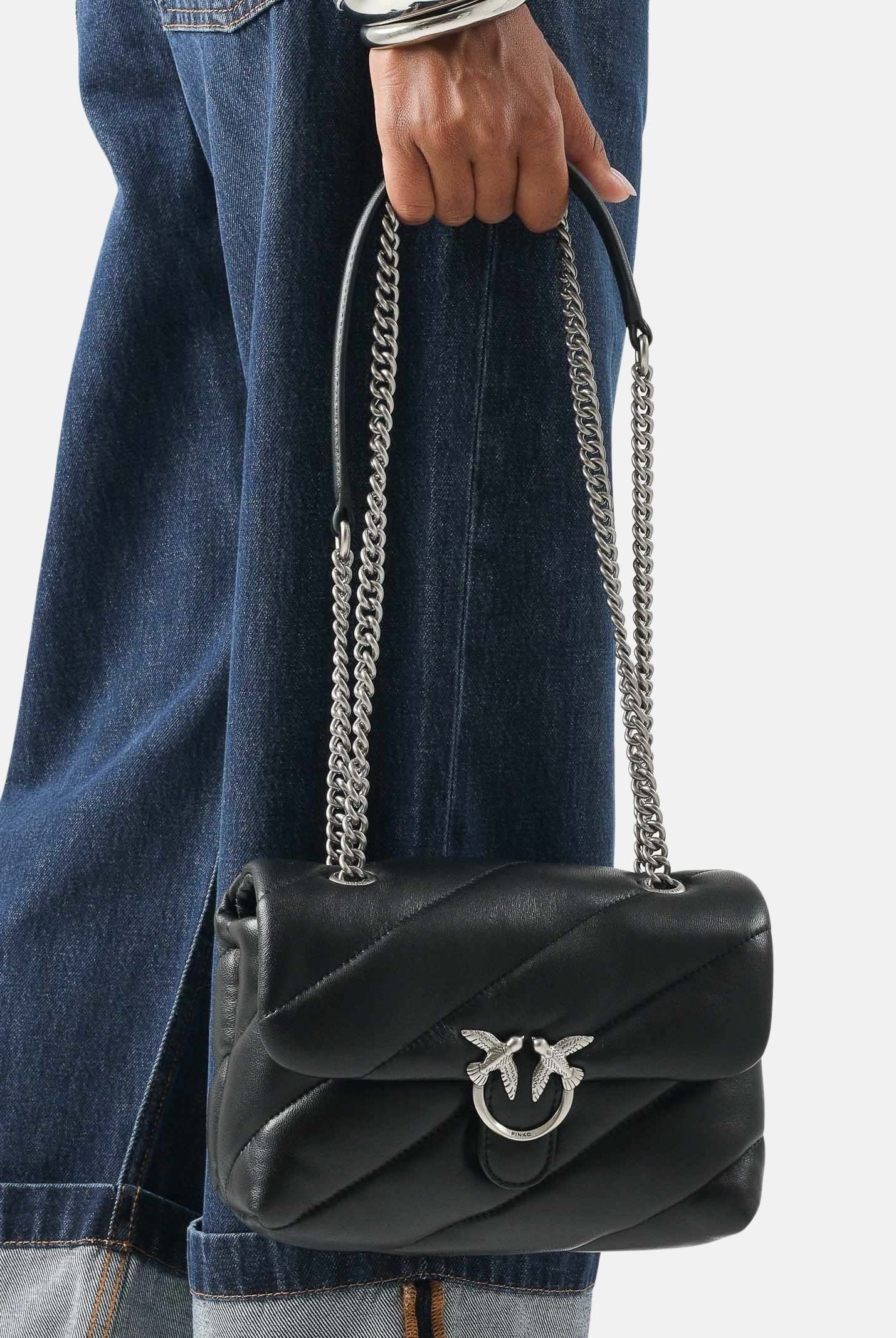 PINKO Borsa LOVE PUFF CLASSIC old silver-nero da donna con maxi trapuntatura obliqua 107616A0F2 Z99O PINKO