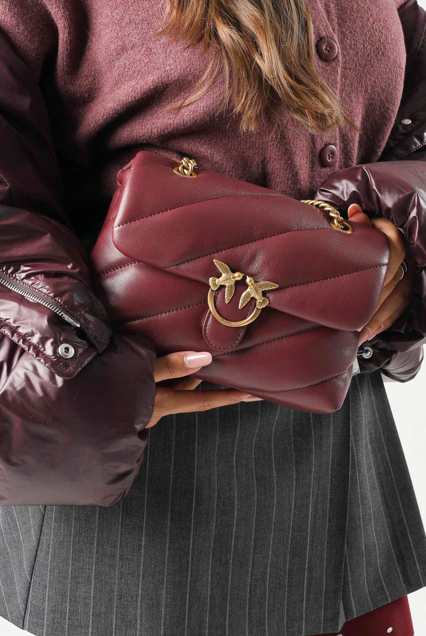 PINKO Borsa LOVE PUFF MINI Ribes Intenso-Antique Gold Bordeaux da donna con maxi trapuntatura obliqua 107617A0F2 WW5Q PINKO