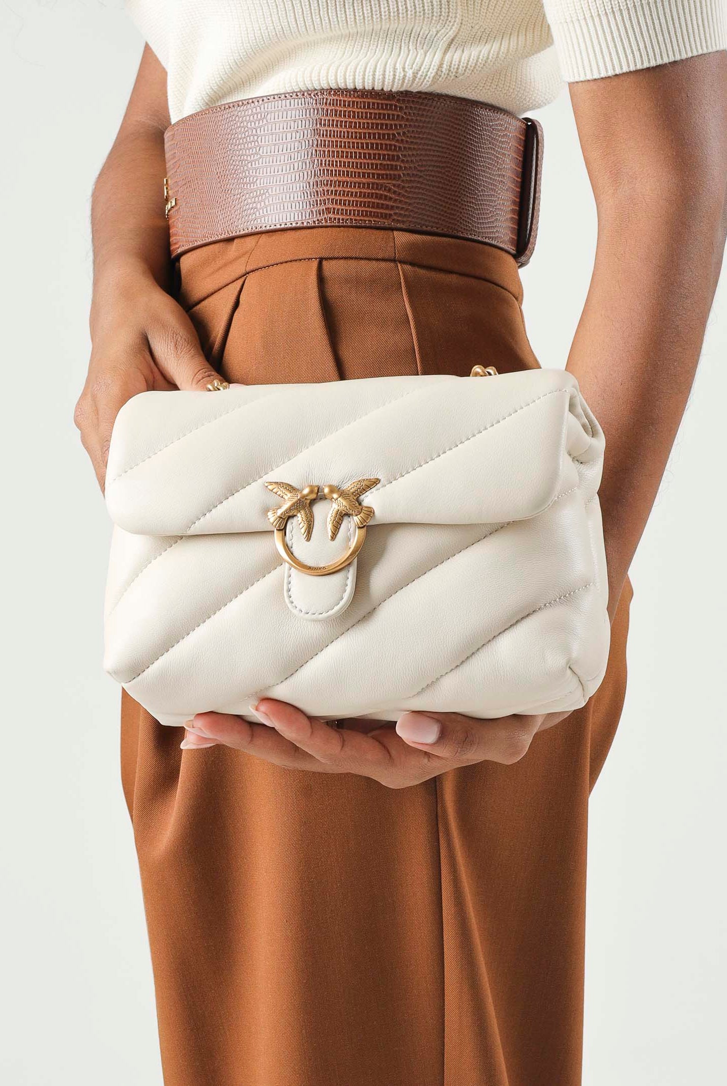 PINKO Borsa LOVE PUFF MINI seta-antique gold bianco da donna con maxi trapuntatura obliqua e fibbia Love Birds<BR/> 107617A0F2 Z14Q PINKO