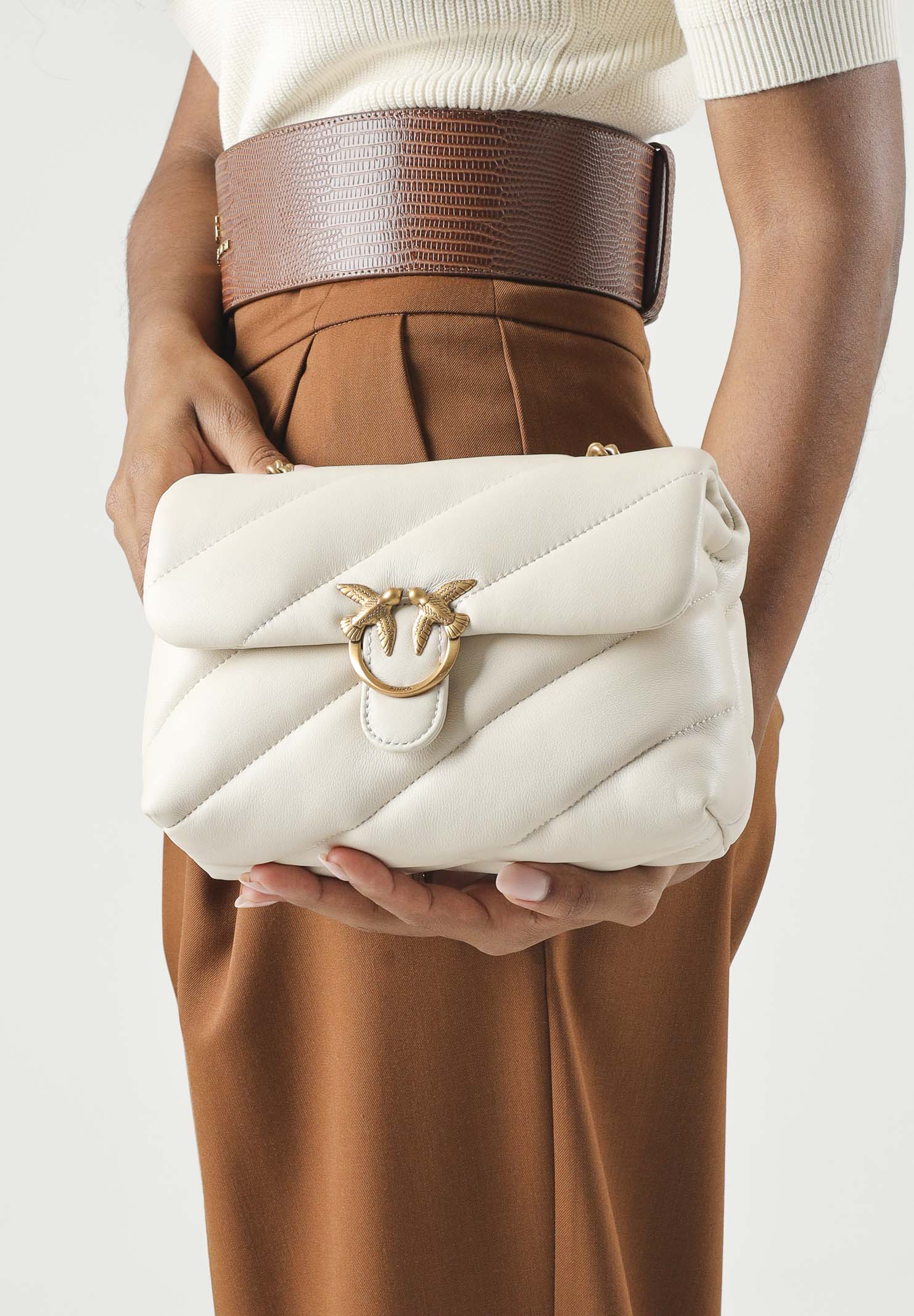 PINKO Borsa LOVE PUFF MINI seta-antique gold bianco da donna con maxi trapuntatura obliqua e fibbia Love Birds<BR/> 107617A0F2 Z14Q PINKO