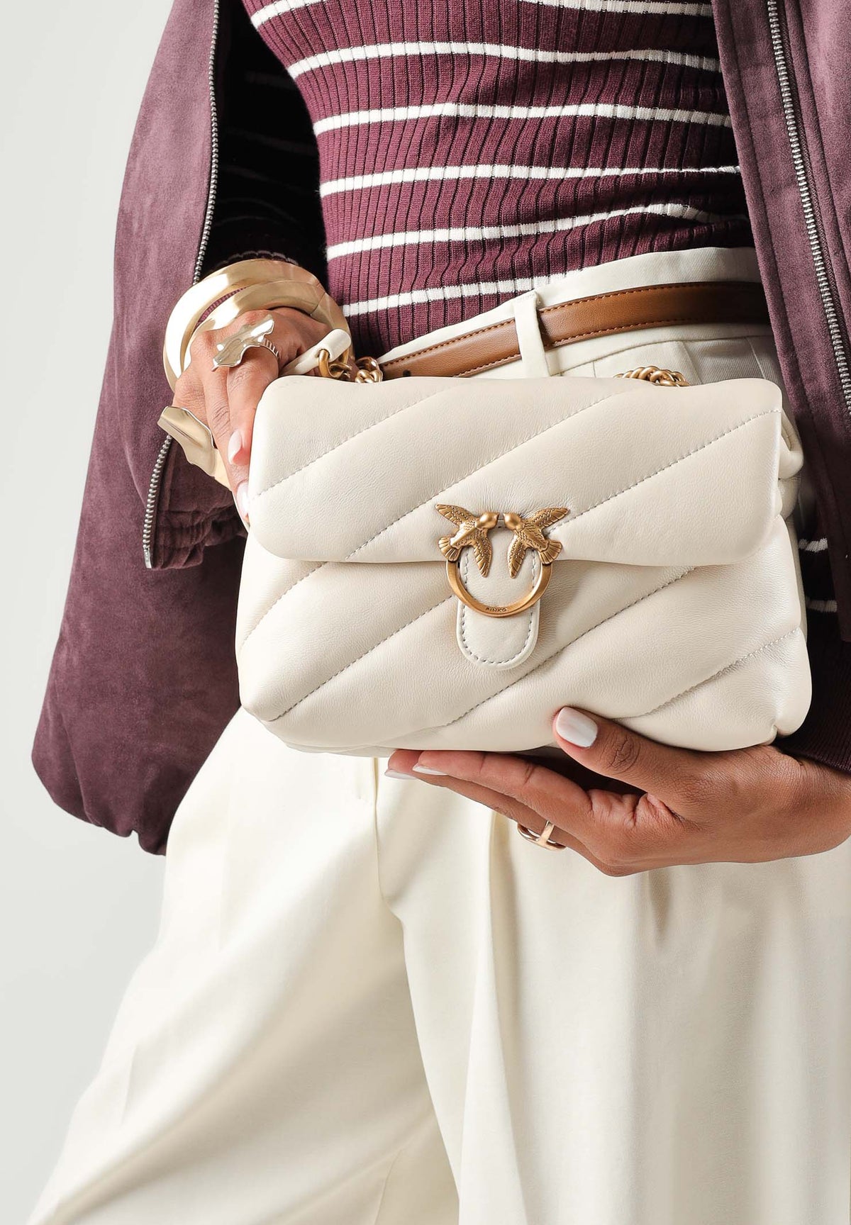 PINKO Borsa LOVE PUFF MINI seta-antique gold bianco da donna con maxi trapuntatura obliqua e fibbia Love Birds<BR/> 107617A0F2 Z14Q PINKO