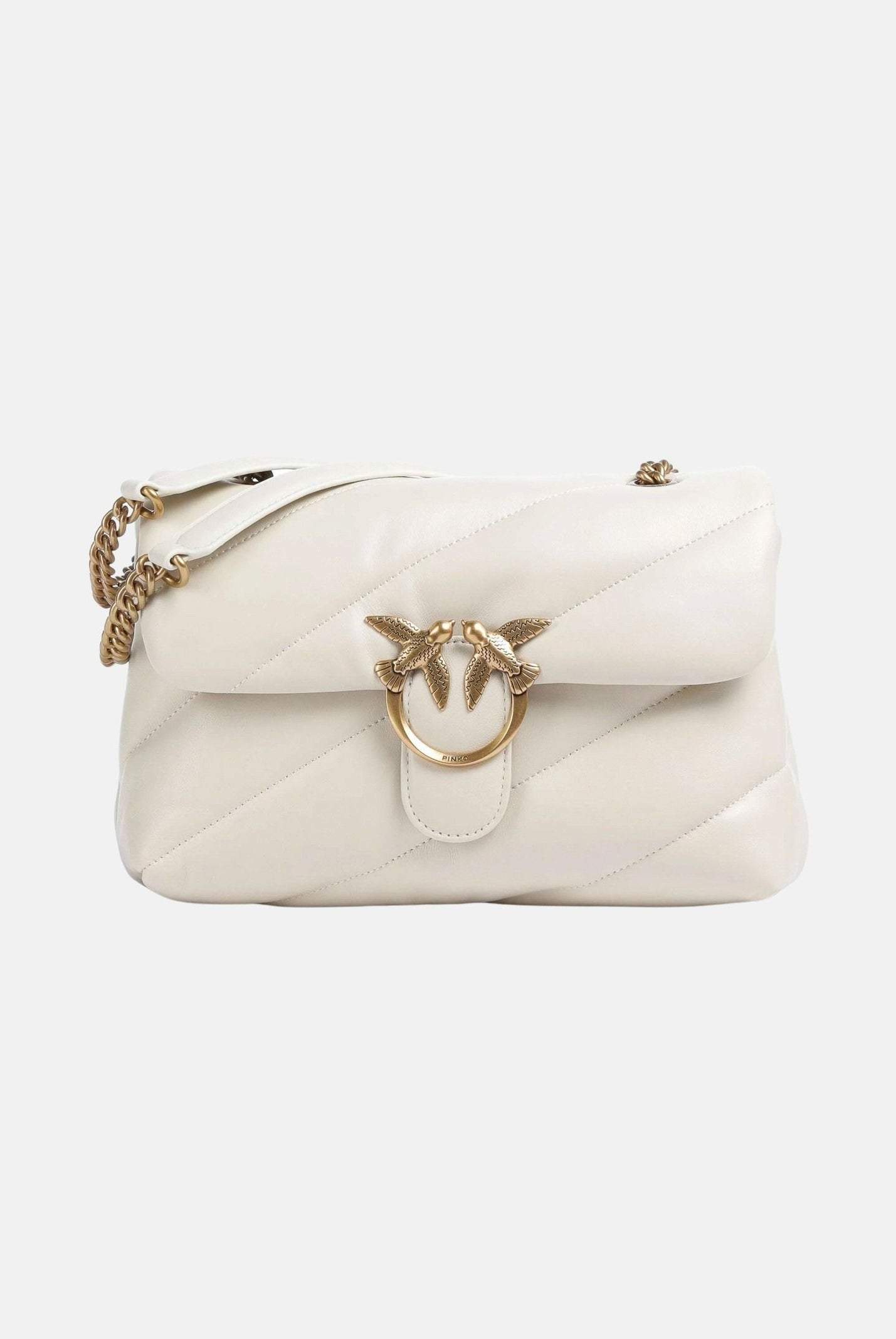 PINKO Borsa LOVE PUFF MINI seta-antique gold bianco da donna con maxi trapuntatura obliqua e fibbia Love Birds<BR/> 107617A0F2 Z14Q PINKO