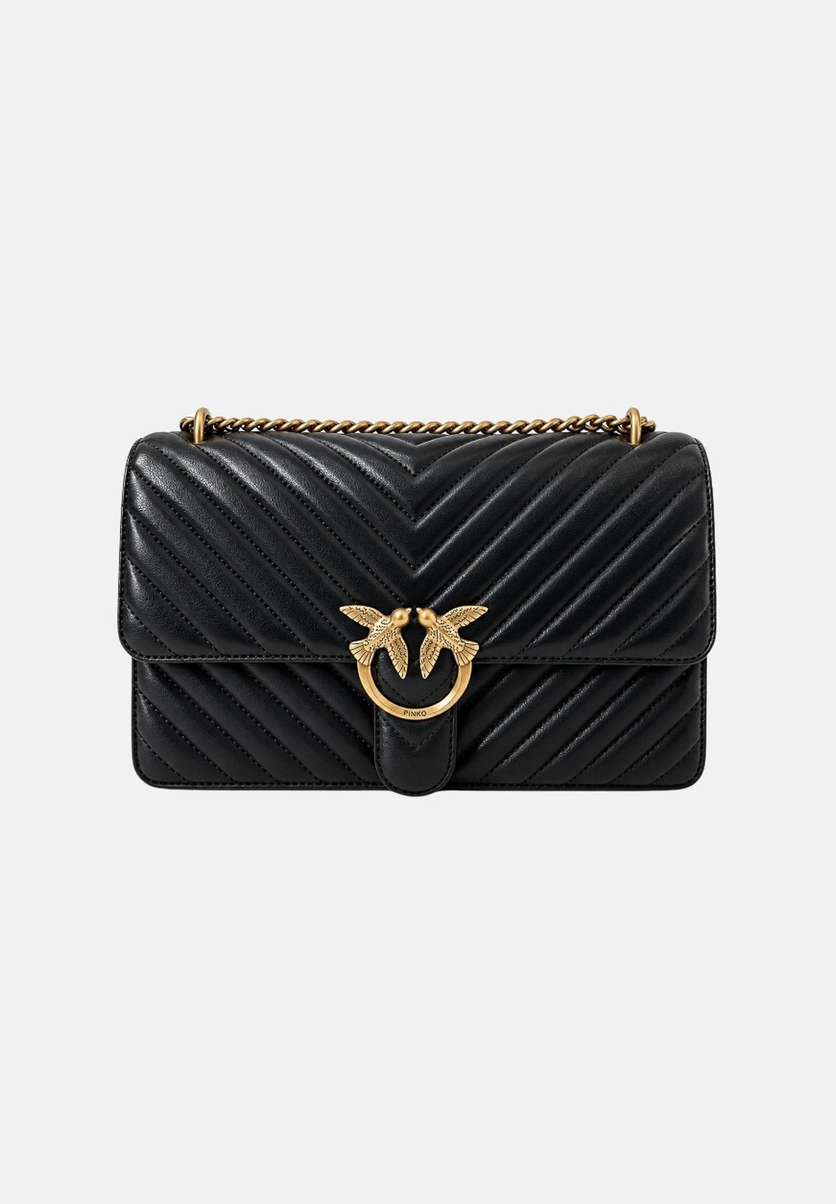 PINKO Borsa a tracolla LOVE BIRDS MINI nera per donna con elegante motivo trapuntato a chevron e iconica fibbia metallica 107620A0GK Z99Q PINKO