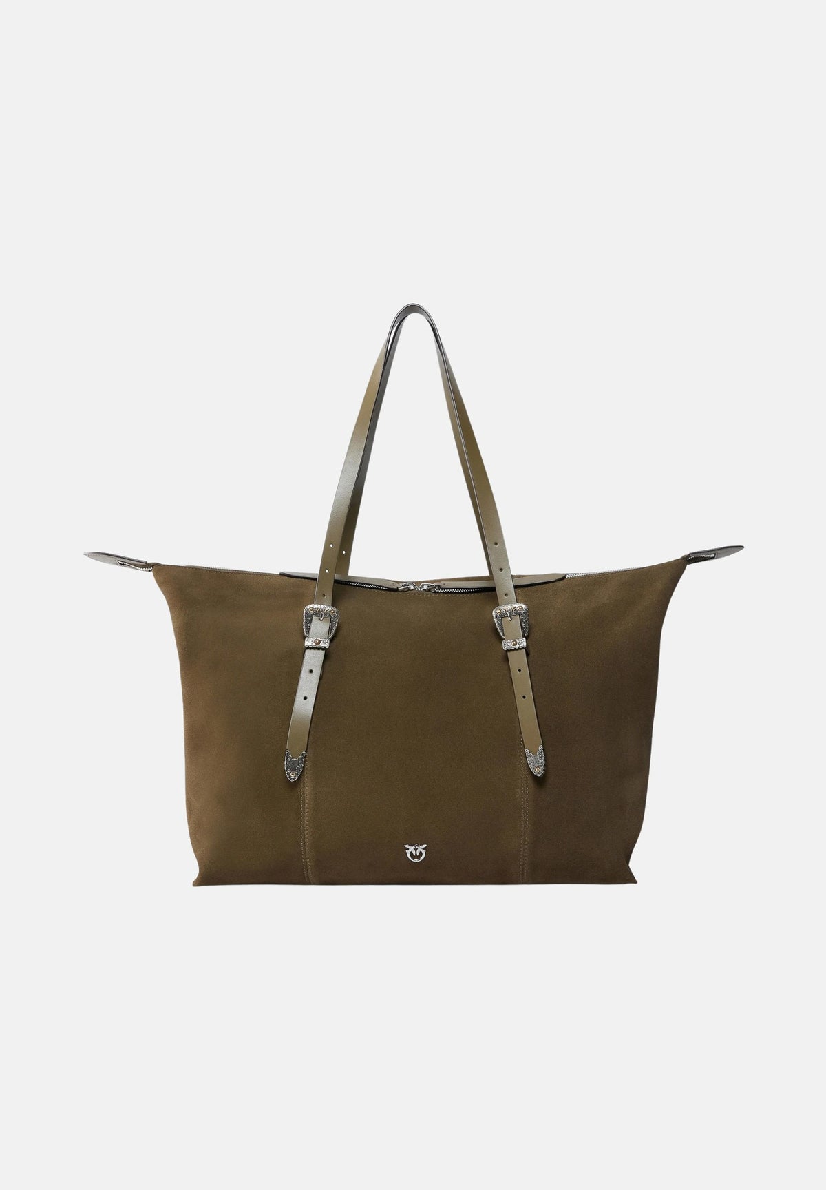 PINKO Borsa tote in suede con dettagli texani Militar Green verde militare da donna, con manici regolabili e logo Love Birds. 107649A0F6 V65N PINKO