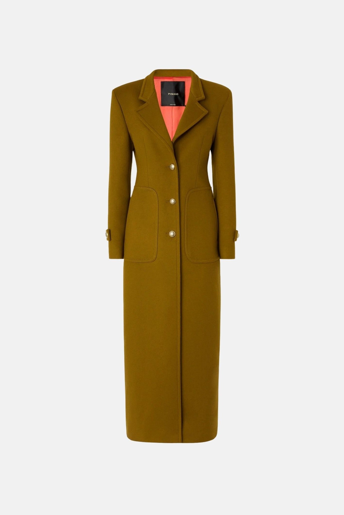 PINKO Cappotto lungo misto lana verde abete da donna con bottoni Love Birds.<BR/> 107783A3O3 V62 PINKO