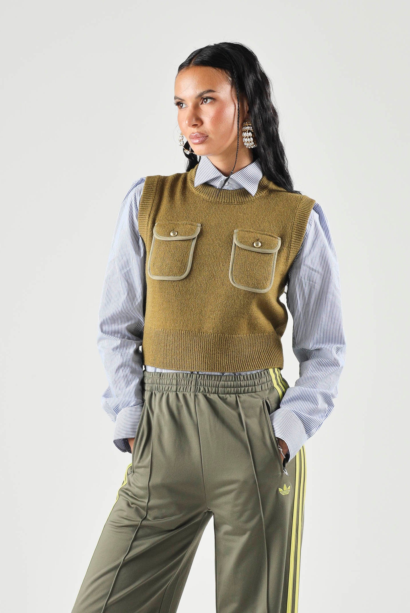 PINKO Gilet BELATO in maglia verde lucertola da donna con tasche applicate 107799A3OH V63 PINKO