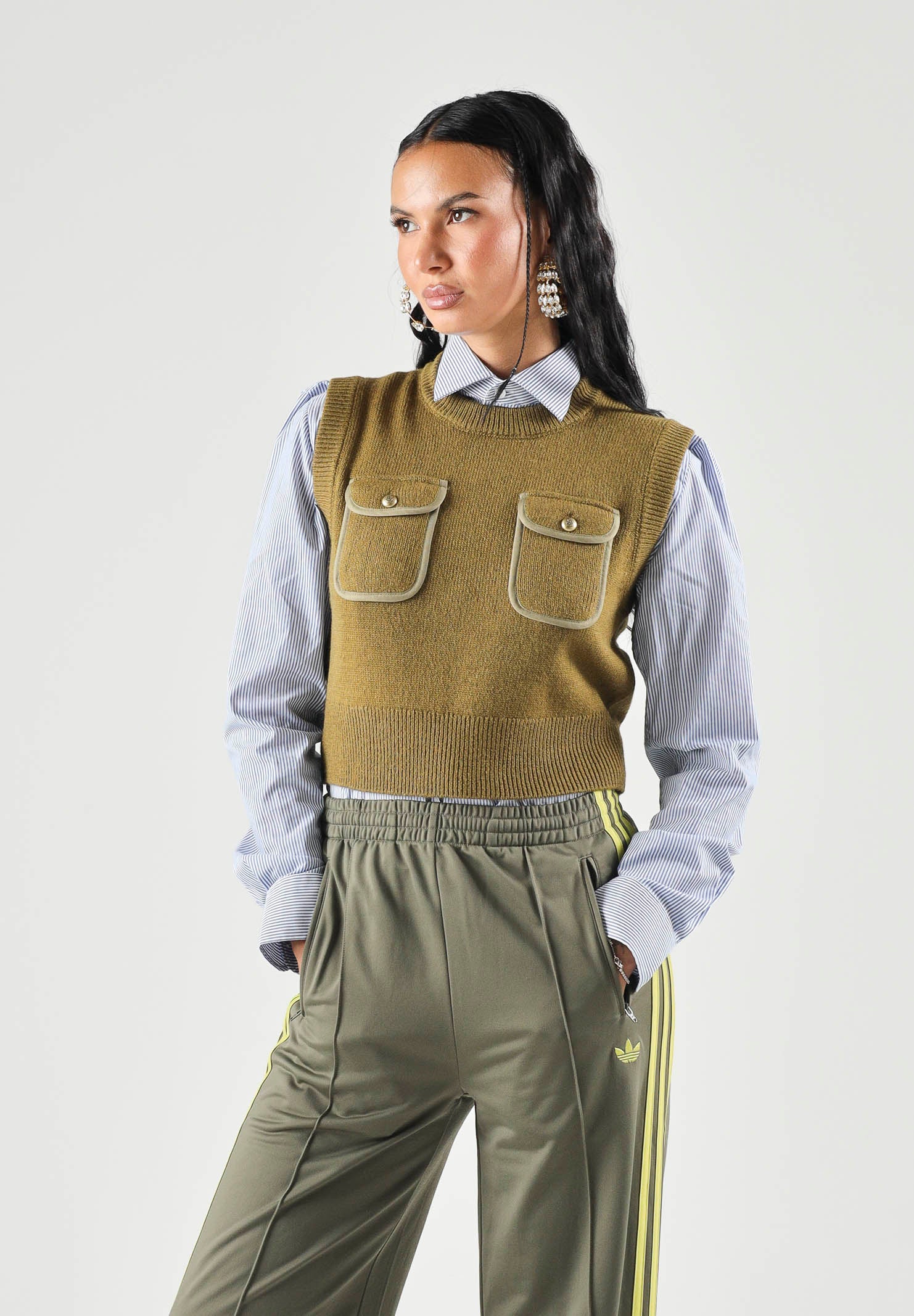 PINKO Gilet BELATO in maglia verde lucertola da donna con tasche applicate 107799A3OH V63 PINKO
