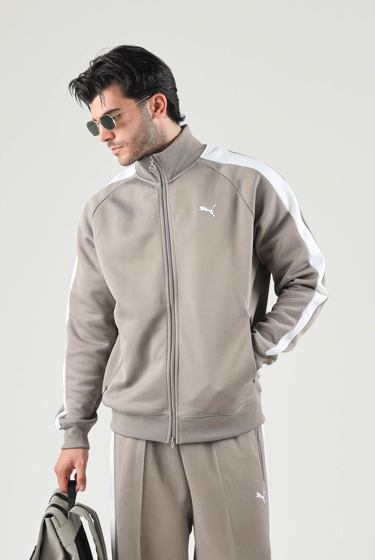 PUMA Felpa con zip T7 ALWAYS ON beige per uomo con bande laterali a contrasto. 629587 81 PUMA