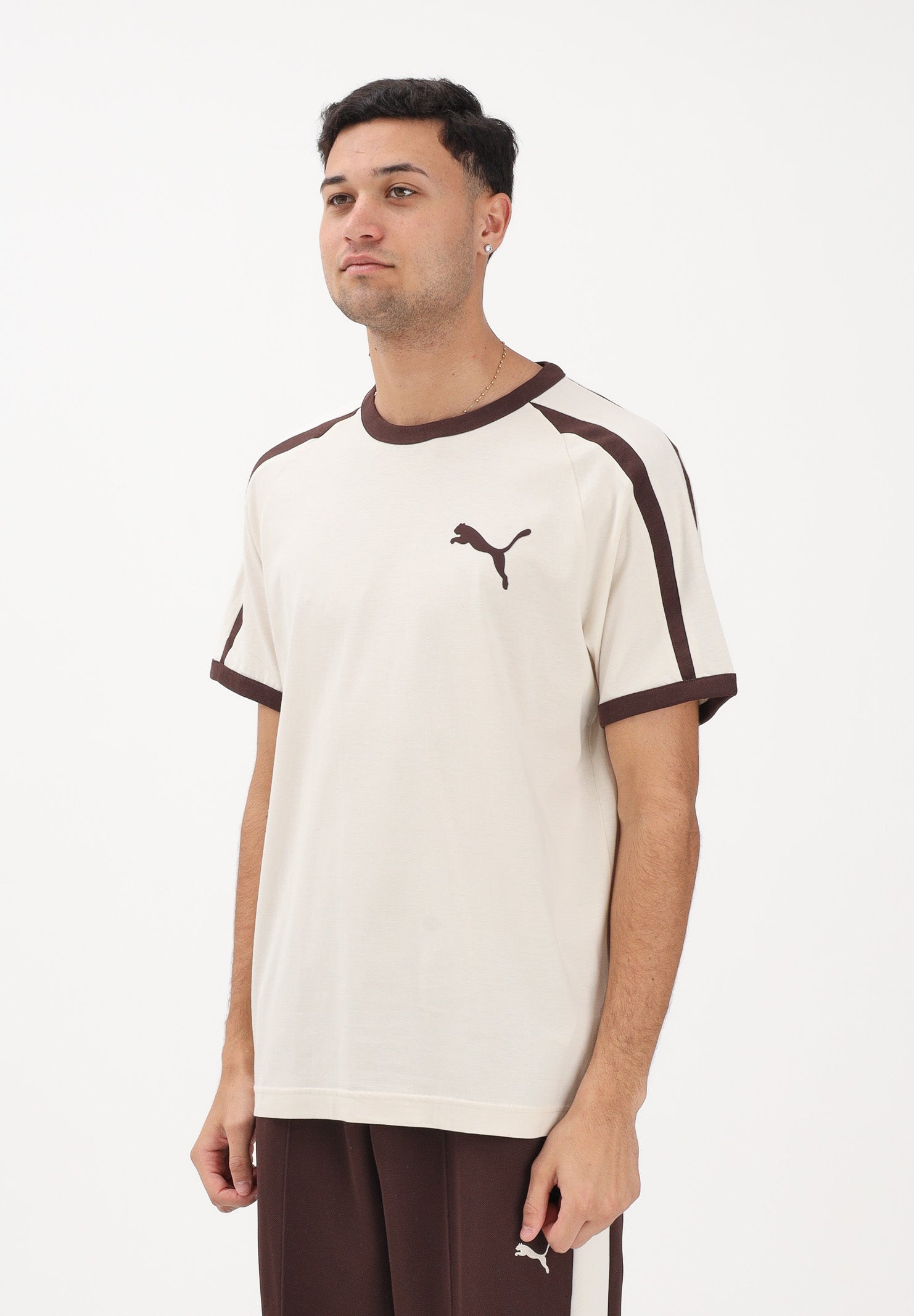PUMA T-shirt a manica corta T7 Big Cat panna e marrone da uomo 635242 87 PUMA