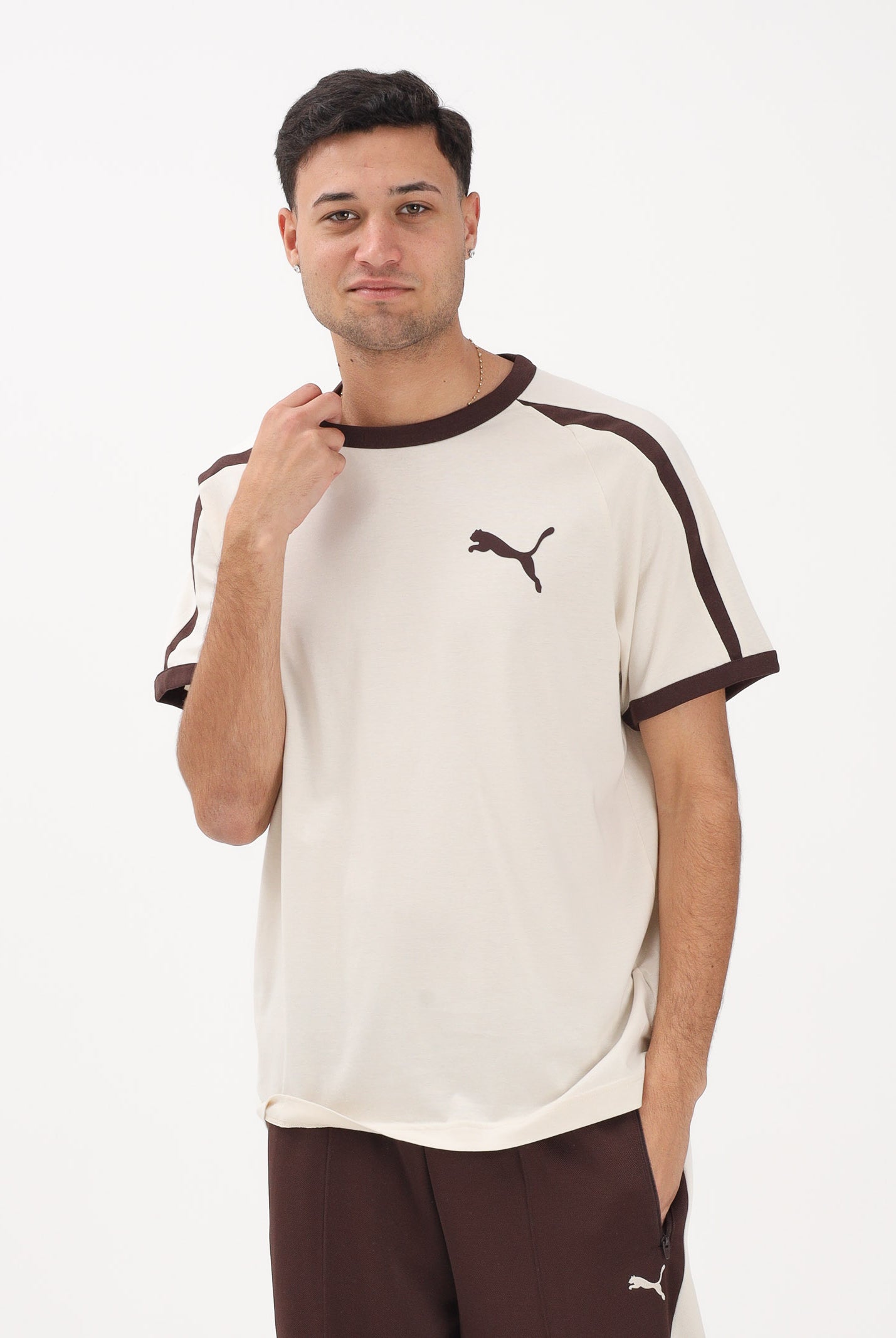 PUMA T-shirt a manica corta T7 Big Cat panna e marrone da uomo 635242 87 PUMA