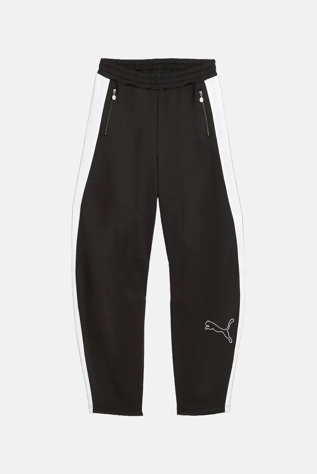 PUMA Pantalone DARE TO WOVEN nero per donna con bande laterali bianche, tasche zippate e gamba ampia. 636633 01 PUMA