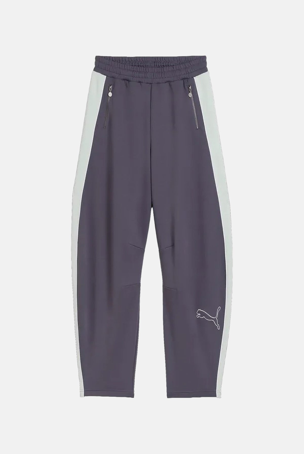 PUMA Pantalone DARE TO WOVEN grigio antracite per donna con bande laterali bianche, tasche zippate e gamba ampia. 636633 35 PUMA
