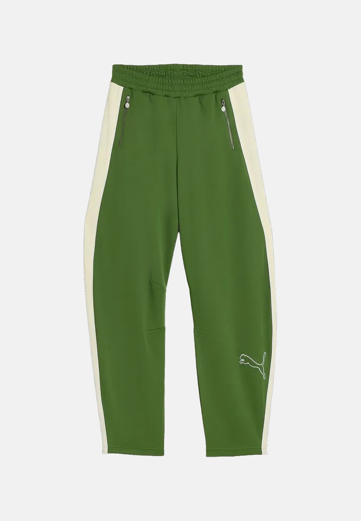 PUMA Pantalone DARE TO WOVEN verde per donna con bande laterali bianche, tasche zippate e gamba ampia. 636633 68 PUMA
