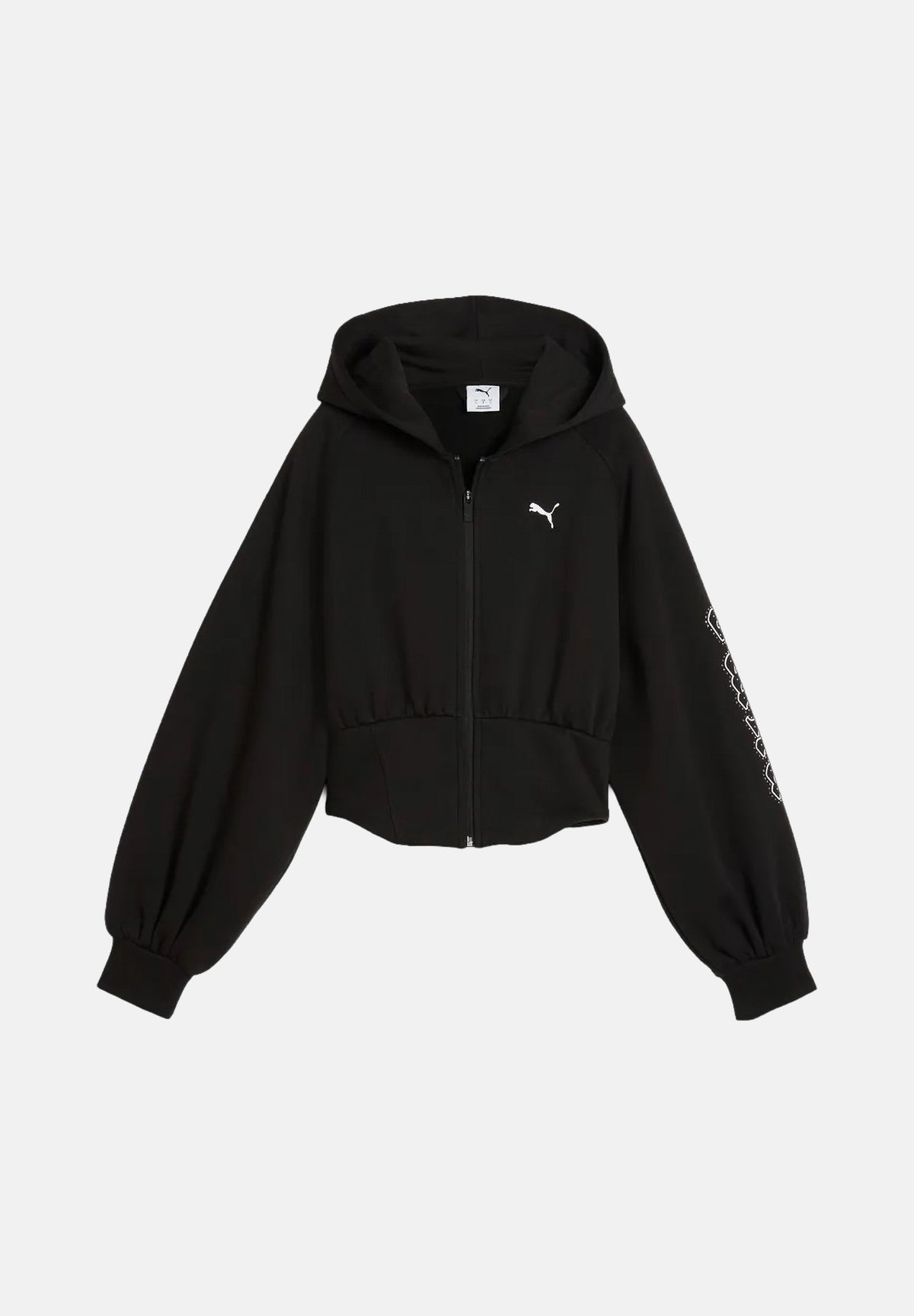 PUMA Felpa con zip STREET GLAM HOODIE nero per donna con maniche a palloncino e dettagli in strass. 636651 01 PUMA