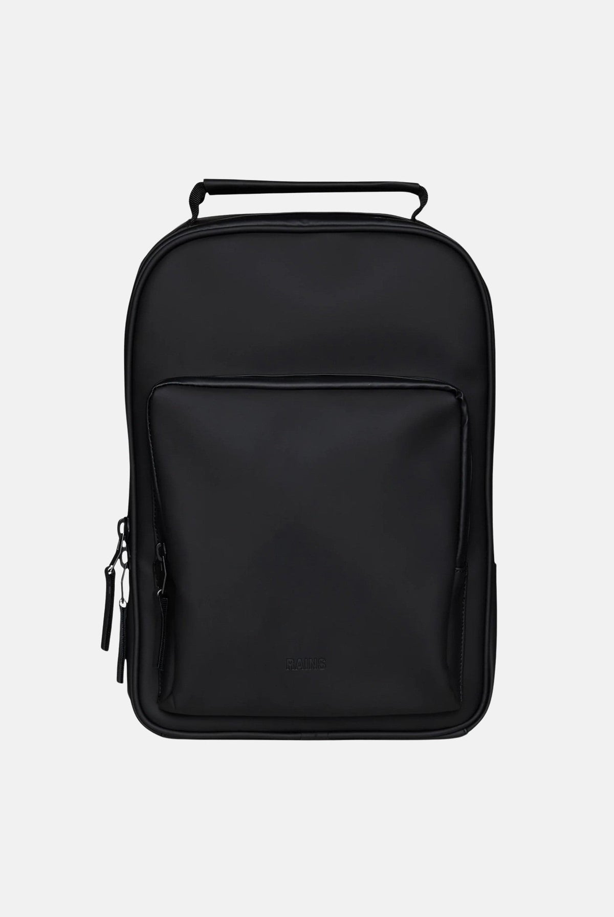 RAINS Zaino nero per uomo e donna con tasca frontale con zip e scomparto imbottito per laptop. RA13260 BL RAINS