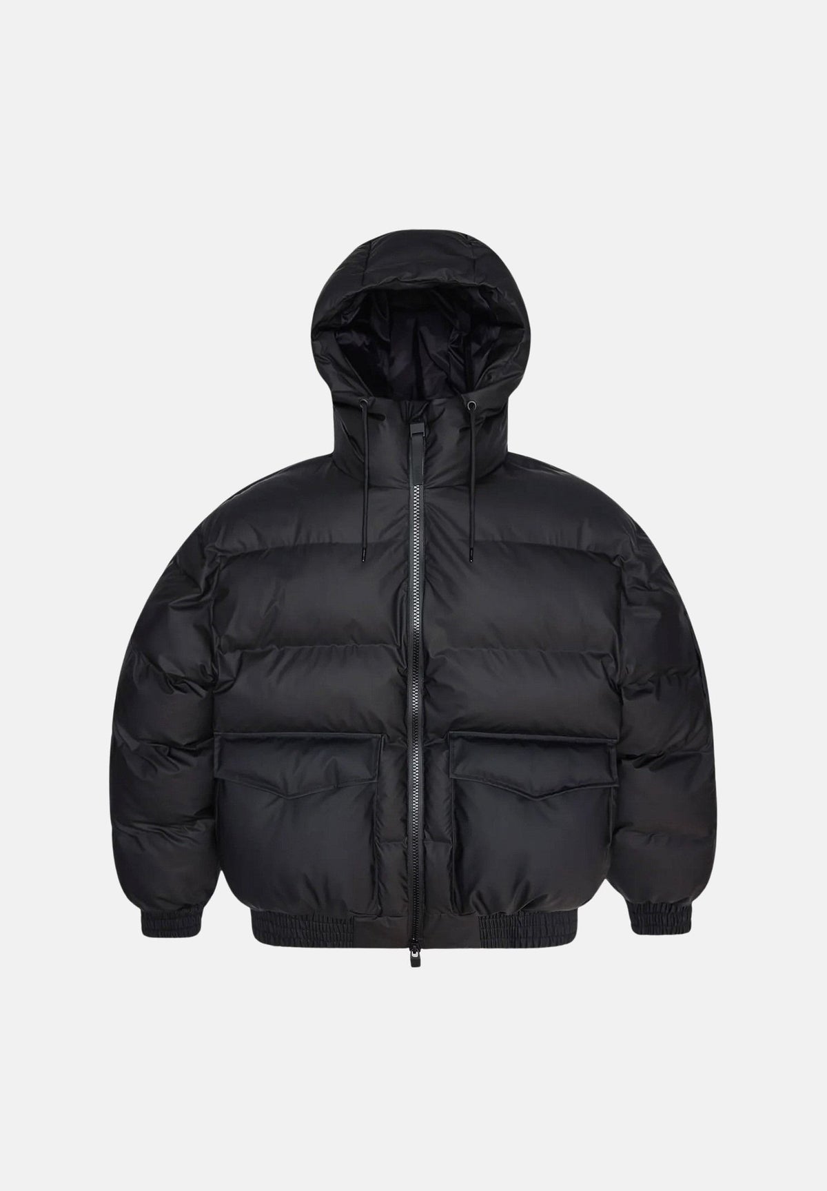 RAINS Piumino nero per uomo e donna con cappuccio regolabile e chiusura full zip impermeabile. RA16990 BL RAINS