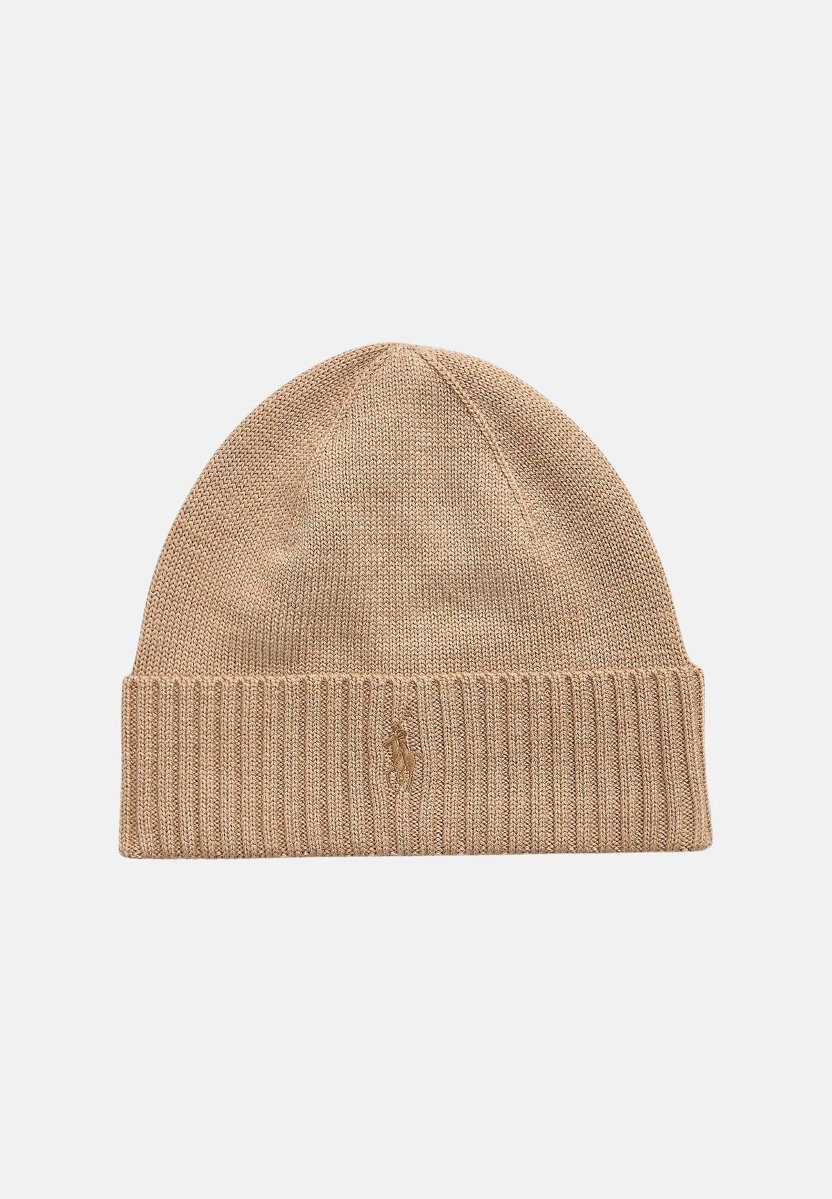 RALPH LAUREN Berretto di lana camel melang-cammello per uomo e donna con risvolto a costine e iconico ricamo 710886137500 . RALPH LAUREN