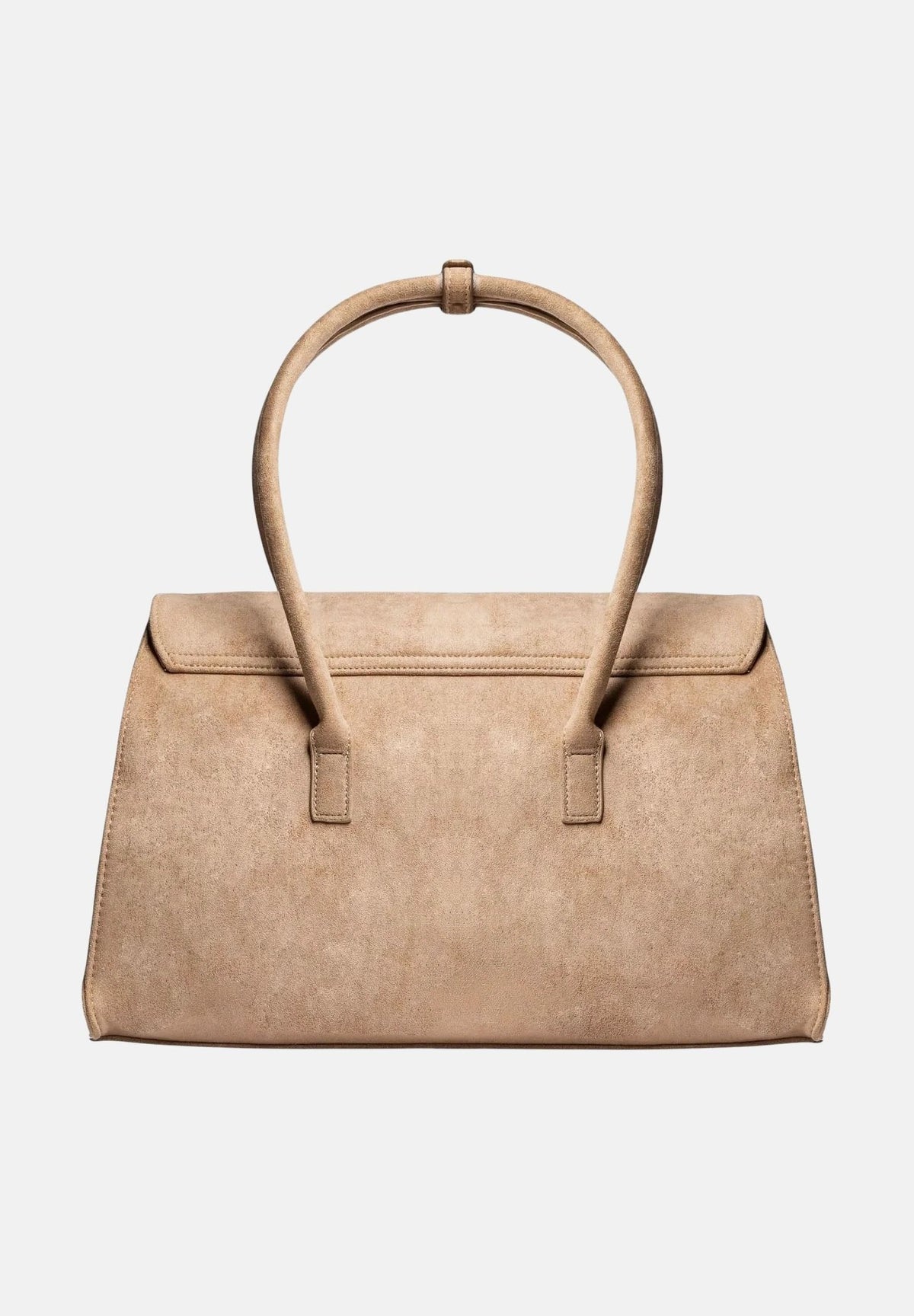 SECRET PON PON Borsa a mano KEYLA L beige scuro da donna, effetto suede, con doppi manici e maxi logo nero sul davanti.<BR/> KEYLA-L DABE SECRET PON PON