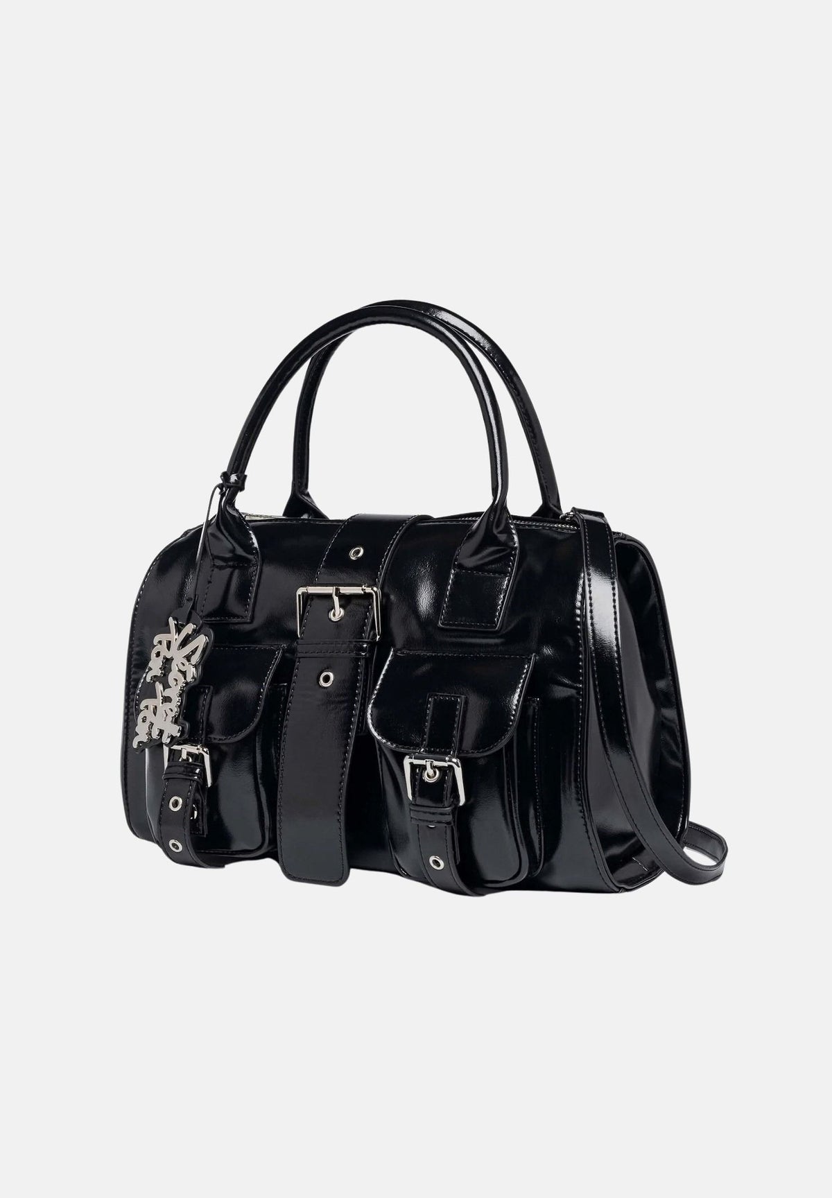 SECRET PON PON Borsa a mano LAKEISHA Black nera da donna , con doppi manici, tasche frontali con fibbie e chiusura con zip.<BR/> LAKEISHA BL SECRET PON PON