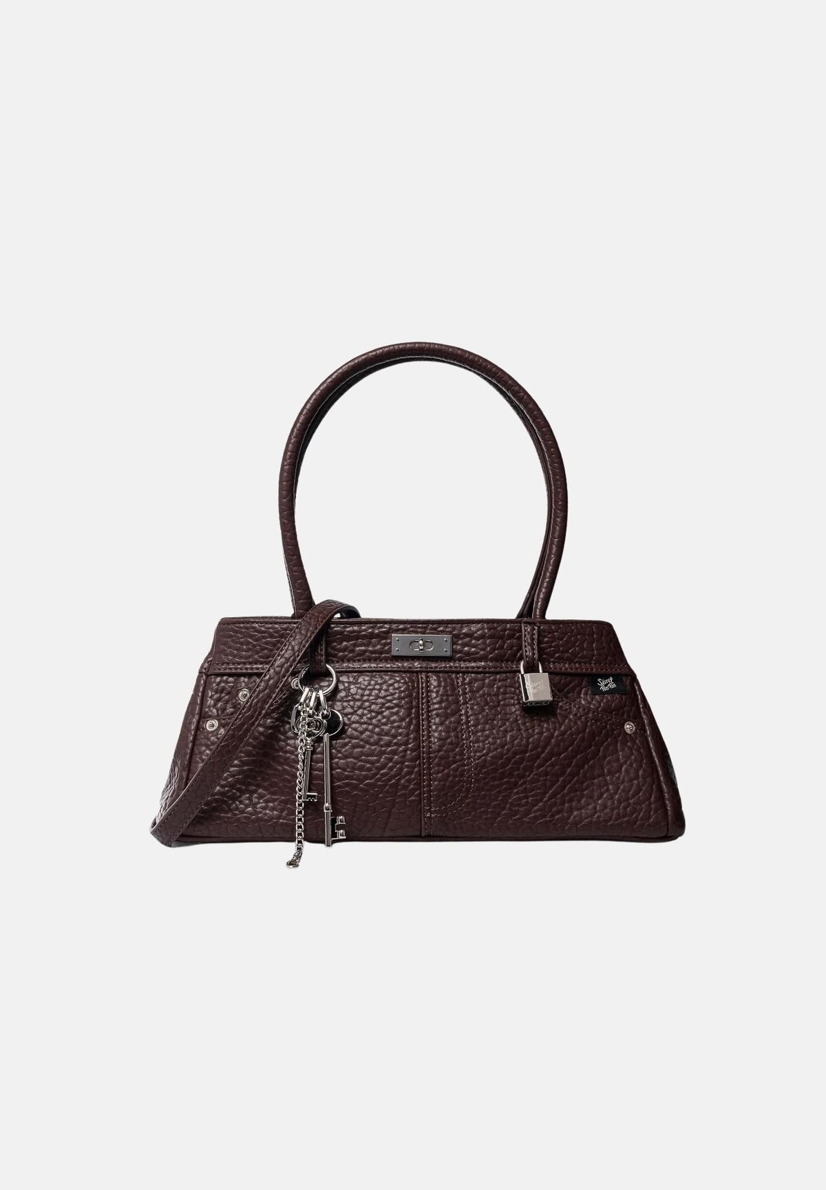 SECRET PON PON Borsa a mano YULIA Cocoa marrone scuro da donna, in ecopelle martellata, con doppi manici, tracolla regolabile e charm. YULIA CO SECRET PON PON
