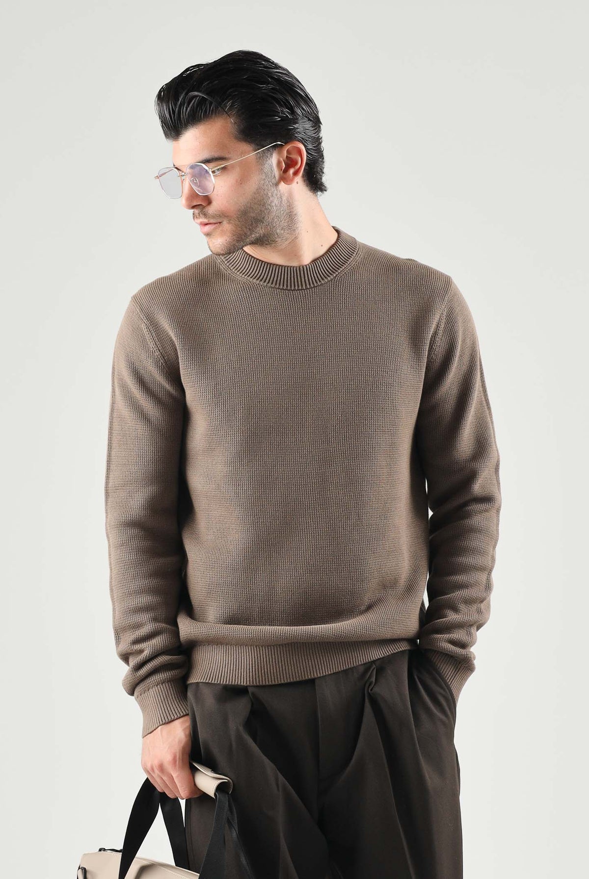 SELECTED HOMME Maglia DANE girocollo morel marrone per uomo con collo a listino e lavorazione a nido d'ape. 16092599 MOR SELECTED HOMME