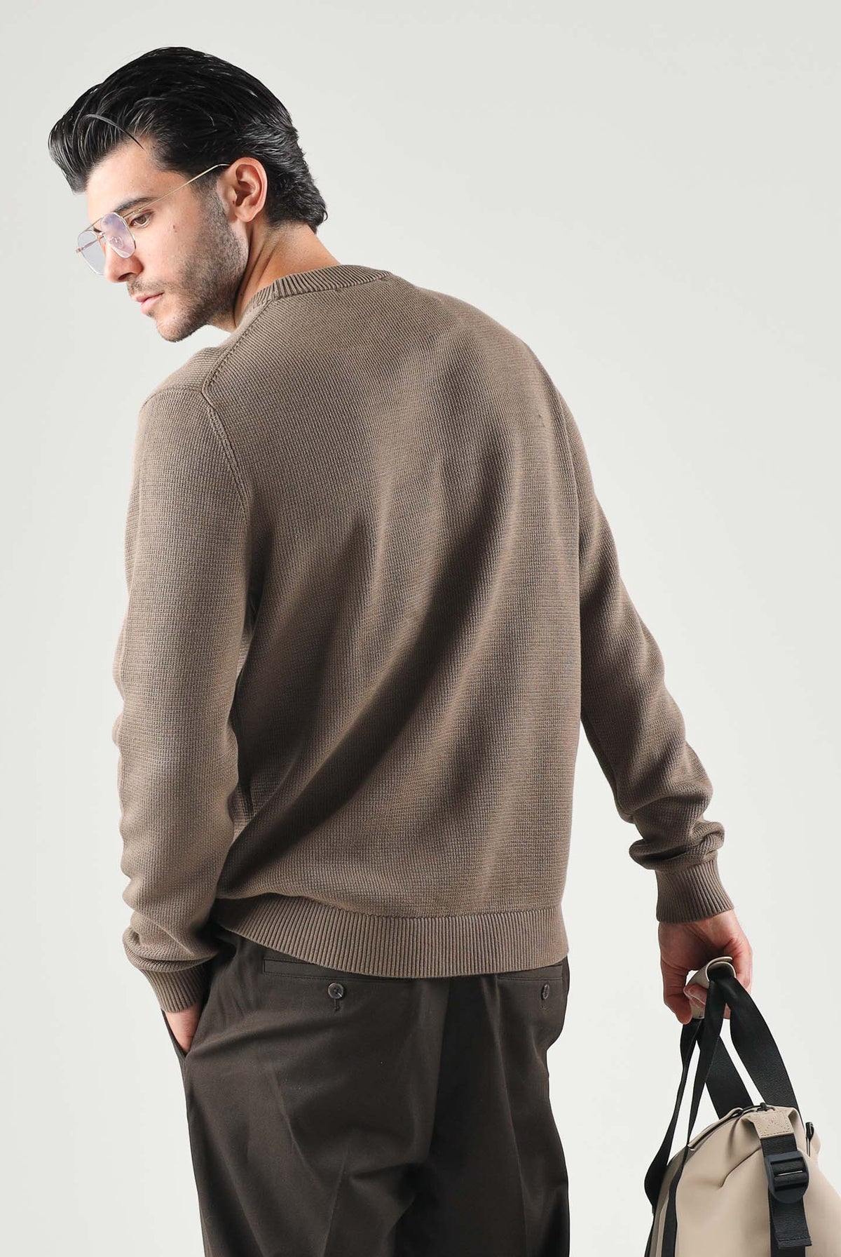 SELECTED HOMME Maglia DANE girocollo morel marrone per uomo con collo a listino e lavorazione a nido d'ape. 16092599 MOR SELECTED HOMME