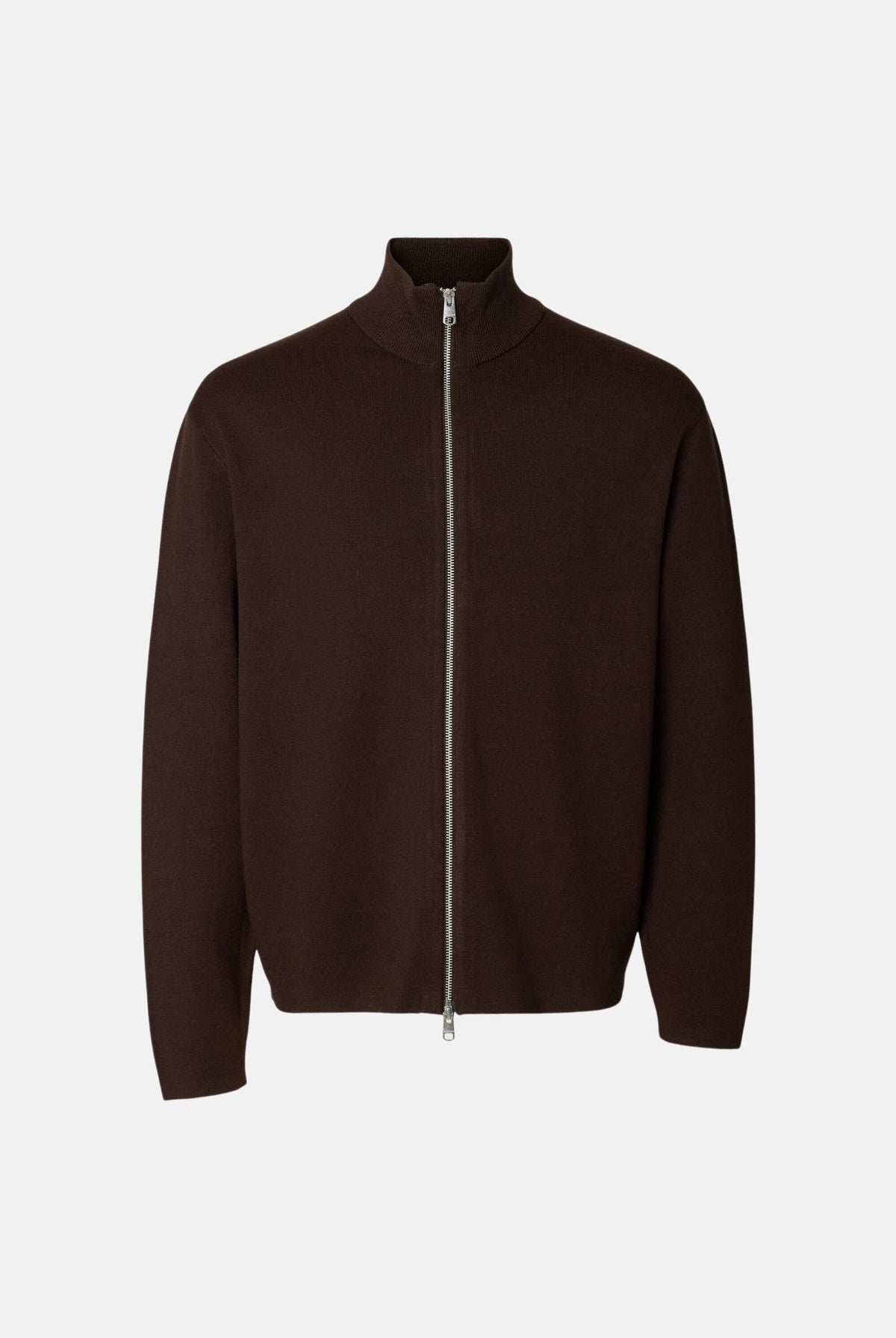 SELECTED HOMME Cardigan SLHTELLER FN marrone per uomo con collo alto, chiusura full zip e maniche lunghe. 16099572 DE SELECTED HOMME