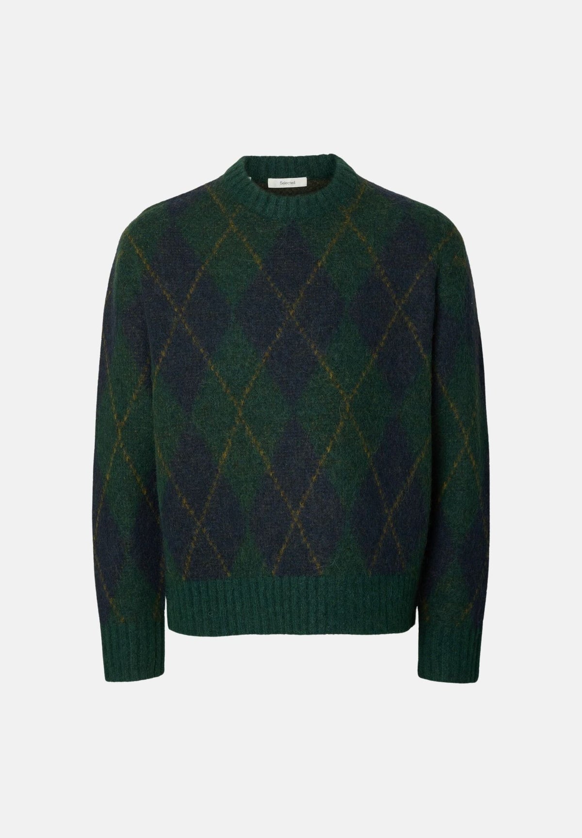 SELECTED HOMME Maglione girocollo RAI ARGYLE Pine Grove/Navy verde bosco scuro da uomo, in maglia garzata misto lana e alpaca, con fantasia jacquard a rombi, maniche lunghe e rifiniture a costine. 16101908 PI SELECTED HOMME