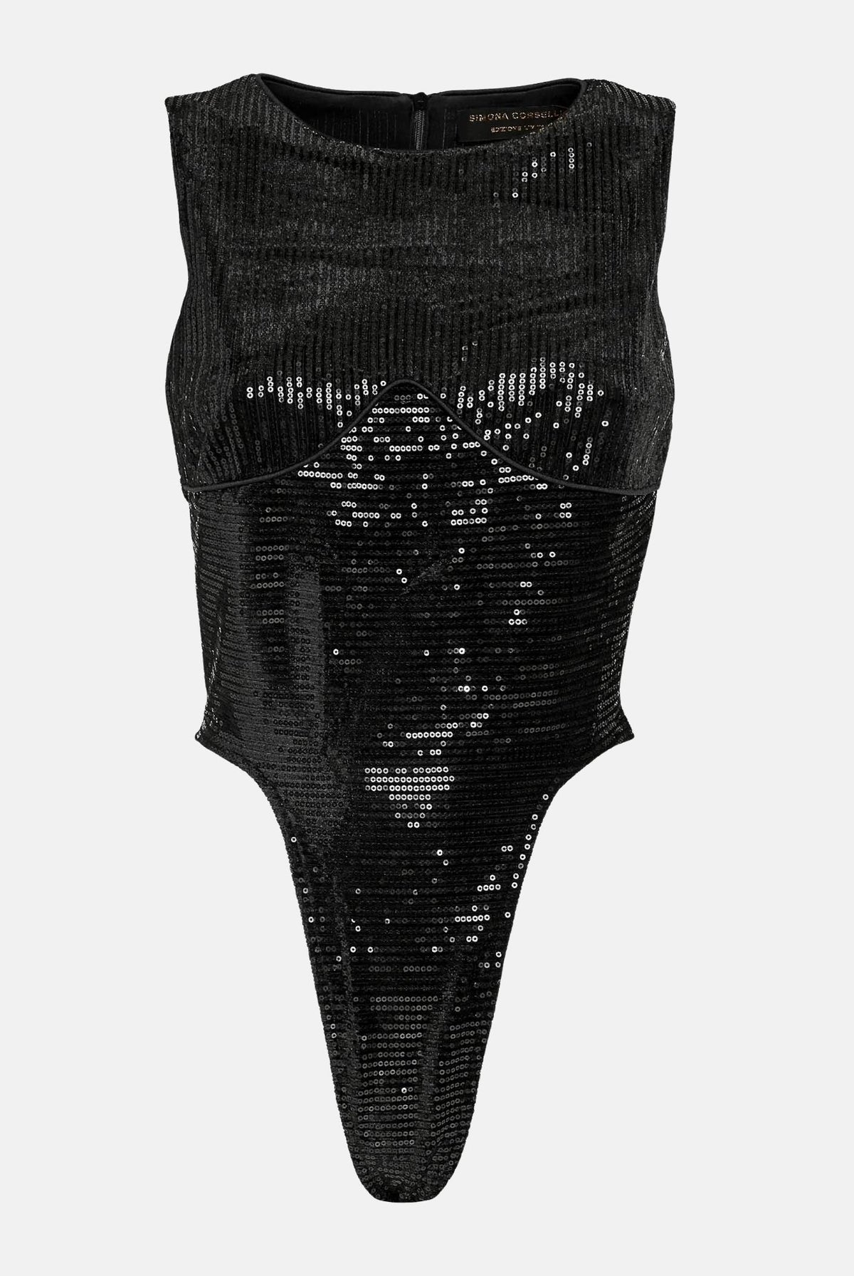 SIMONA CORSELLINI Body nero da donna in tulle ricamato con paillettes all-over. A26CEBD10001 V0003 SIMONA CORSELLINI