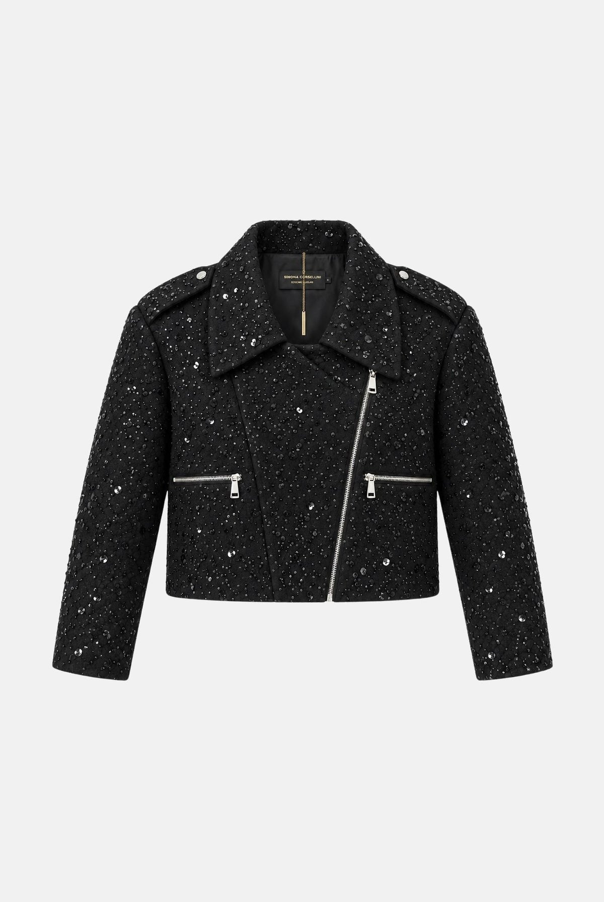 SIMONA CORSELLINI Giubbotto nero per donna con taglio corto, revers ampi e luminosa cascata di micro strass all-over. A26CEGBY5001 V0003 SIMONA CORSELLINI