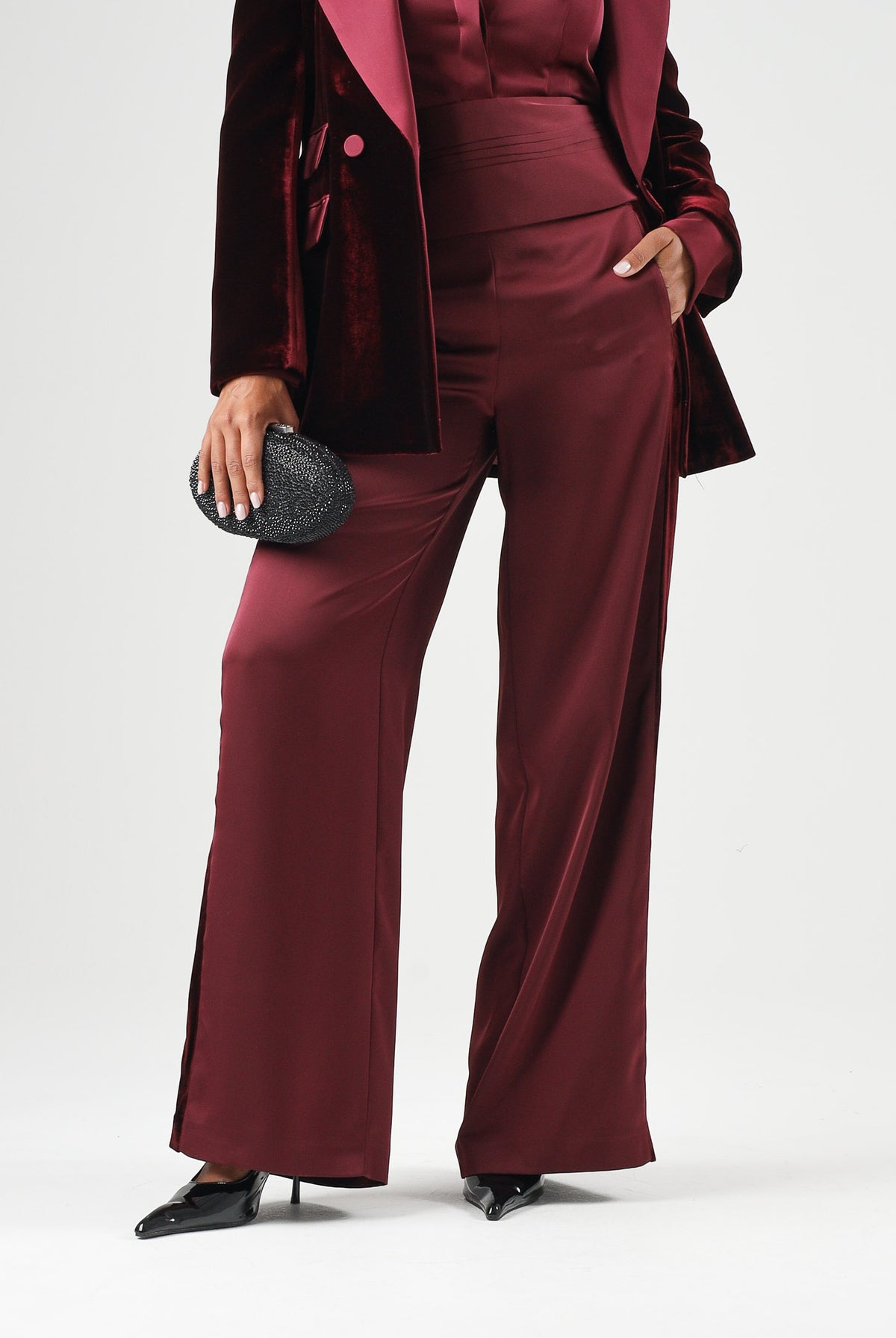 SIMONA CORSELLINI Pantaloni palazzo rubino per donna con vita alta e gamba ampia. A26CEPA10201 V0083 SIMONA CORSELLINI