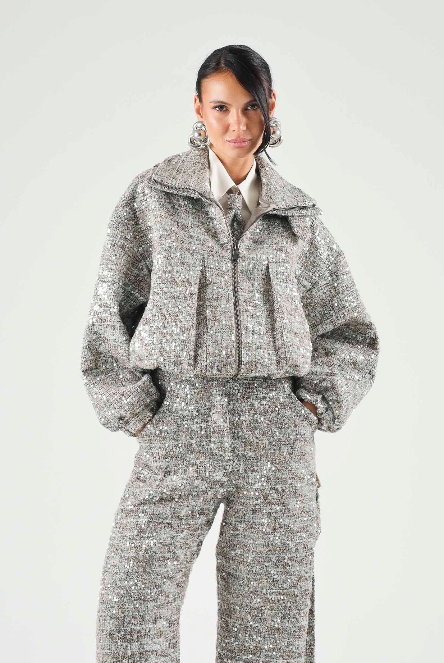 SIMONA CORSELLINI Bomber oversize argento metallizzato da donna <BR/> in chanel paillettes A26CPGB00101 V000 SIMONA CORSELLINI