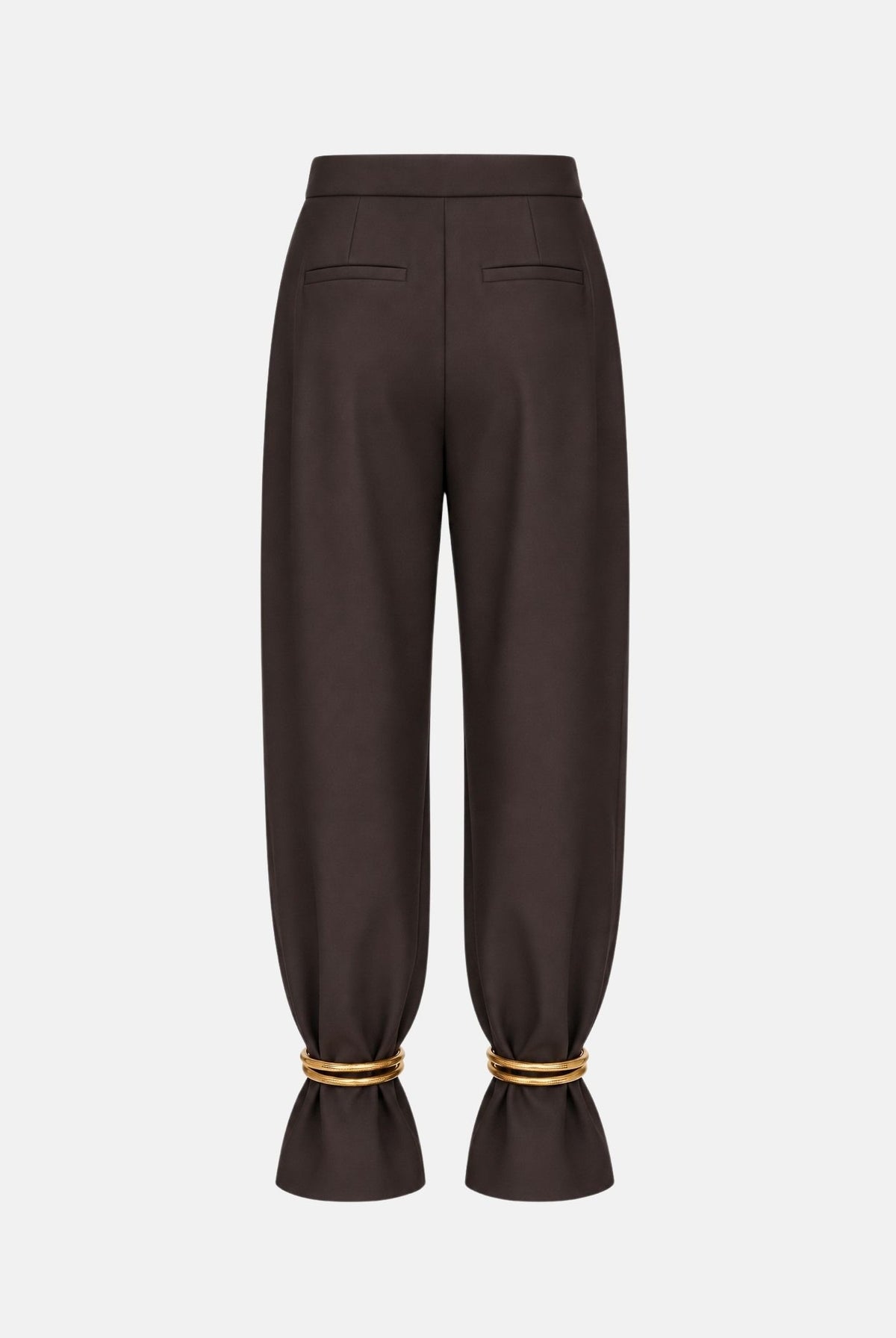 SIMONA CORSELLINI Pantaloni dark chocolate-marrone per donna con vita alta, linea affusolata e dettagli metallici alle caviglie. A26CPPA01402 V0761 SIMONA CORSELLINI