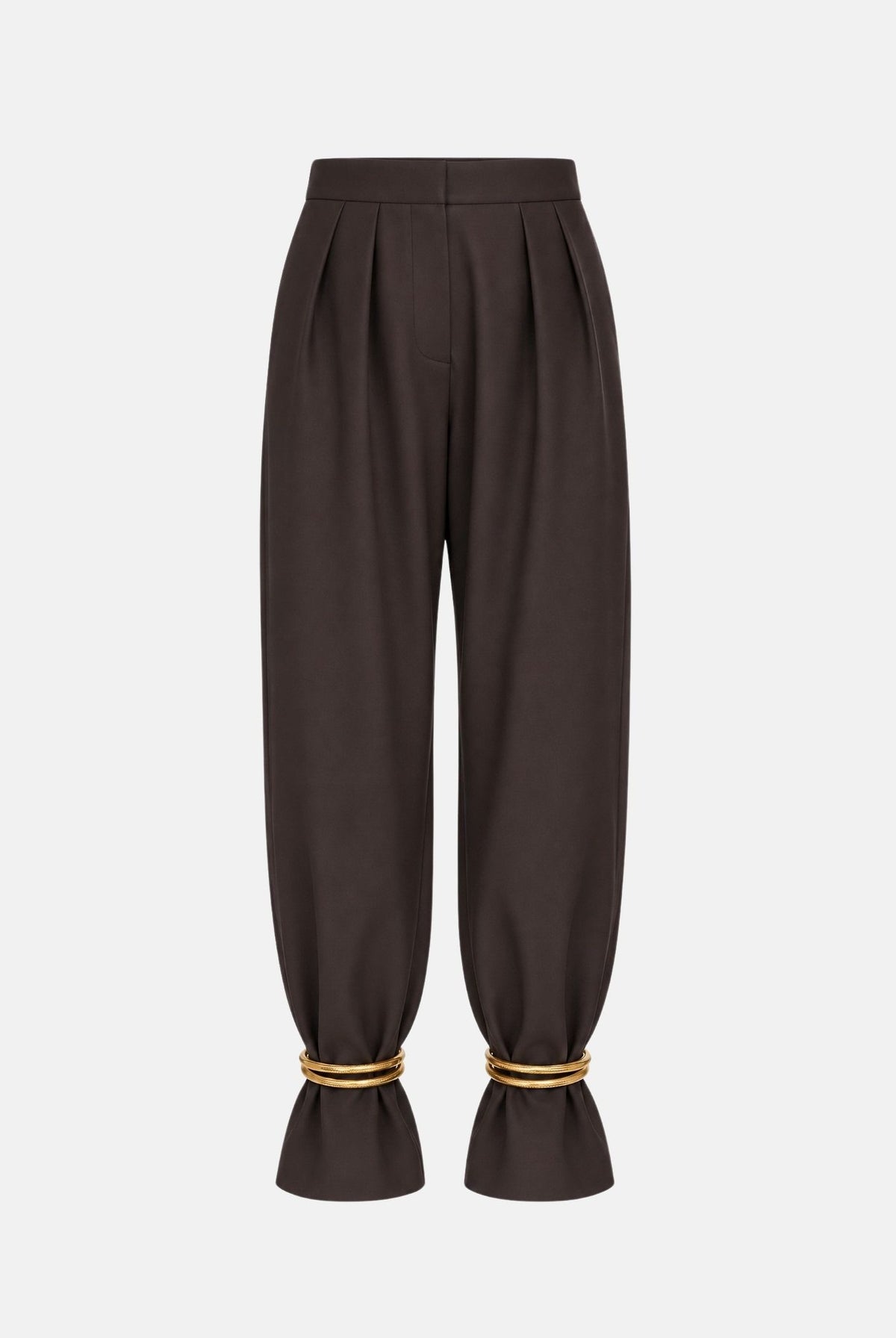 SIMONA CORSELLINI Pantaloni dark chocolate-marrone per donna con vita alta, linea affusolata e dettagli metallici alle caviglie. A26CPPA01402 V0761 SIMONA CORSELLINI
