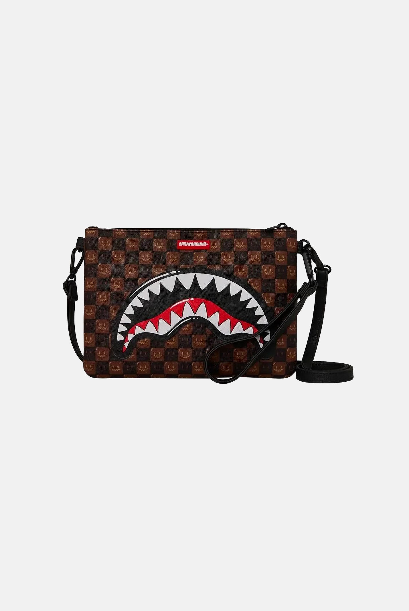 SPRAYGROUND Pochette SHARKS IN PARIS marrone per uomo, donna e bambino con motivo check e grafica shark mouth. 910B9307NSZ . SPRAYGROUND