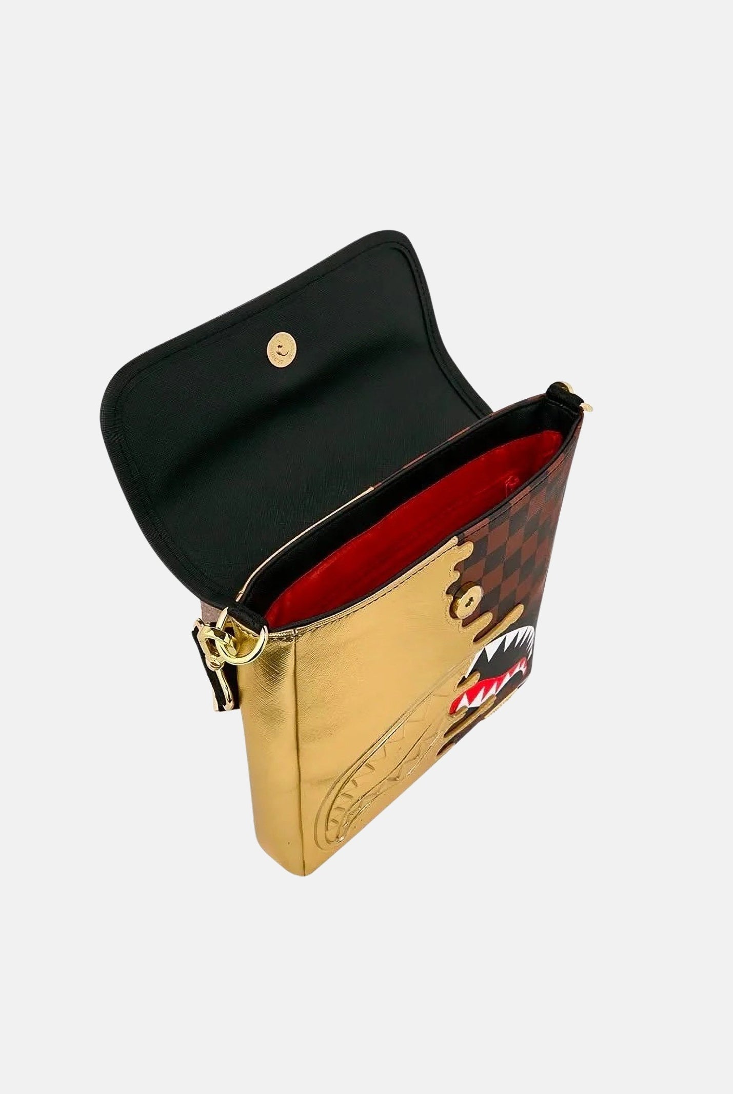 SPRAYGROUND Borsa a tracolla SHARK GOLD oro per uomo, donna e bambino con patta frontale e stampa grafica bicolore. 910B9340NSZ . SPRAYGROUND