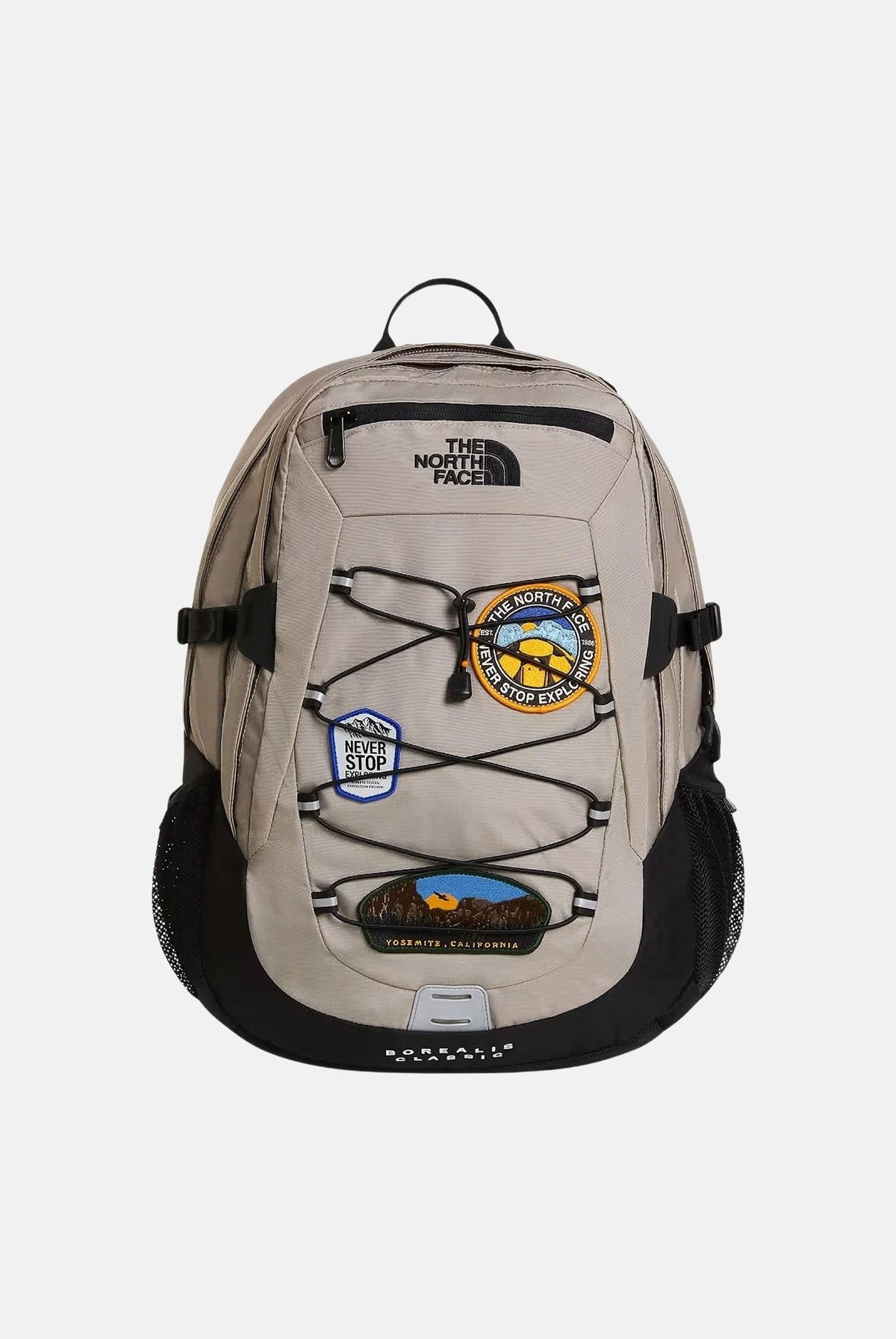 THE NORTH FACE Zaino BOREALIS CLASSIC PATCH beige per uomo e donna con patch decorative, cordino elastico frontale NF0A8KE80E31 . THE NORTH FACE