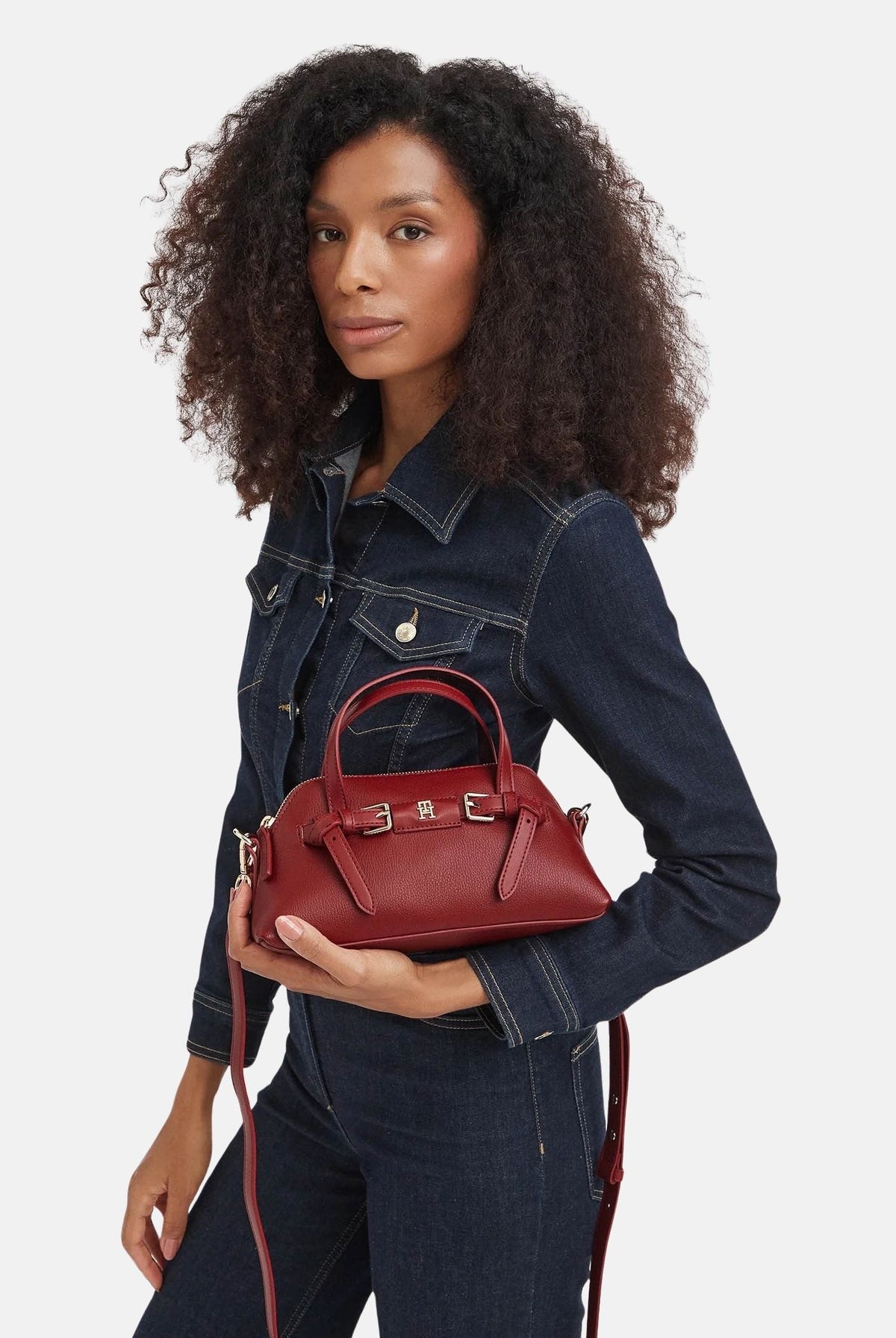 TOMMY HILFIGER Borsa a mano TH Buckle Tote bordeaux per donna con doppio manico, dettaglio fibbia frontale AW0AW19034 XLI TOMMY HILFIGER