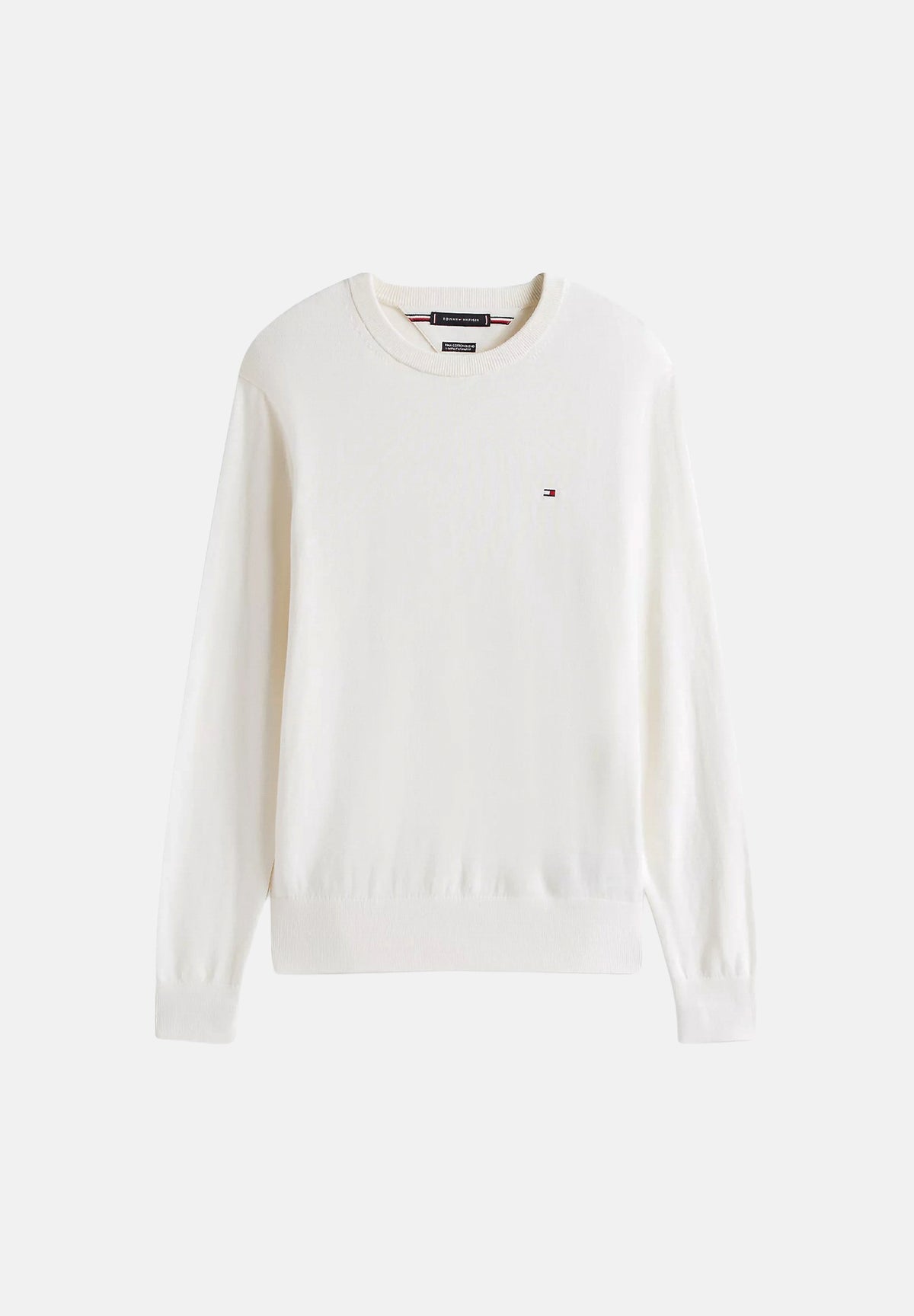 TOMMY HILFIGER Maglione girocollo Ivory Petal bianco avorio da uomo in cotone e cashmere, vestibilità regular fit, maniche lunghe, collo, polsini e fondo a costine, logo bandierina ricamato sul petto. MW0MW28046 Z00 TOMMY HILFIGER