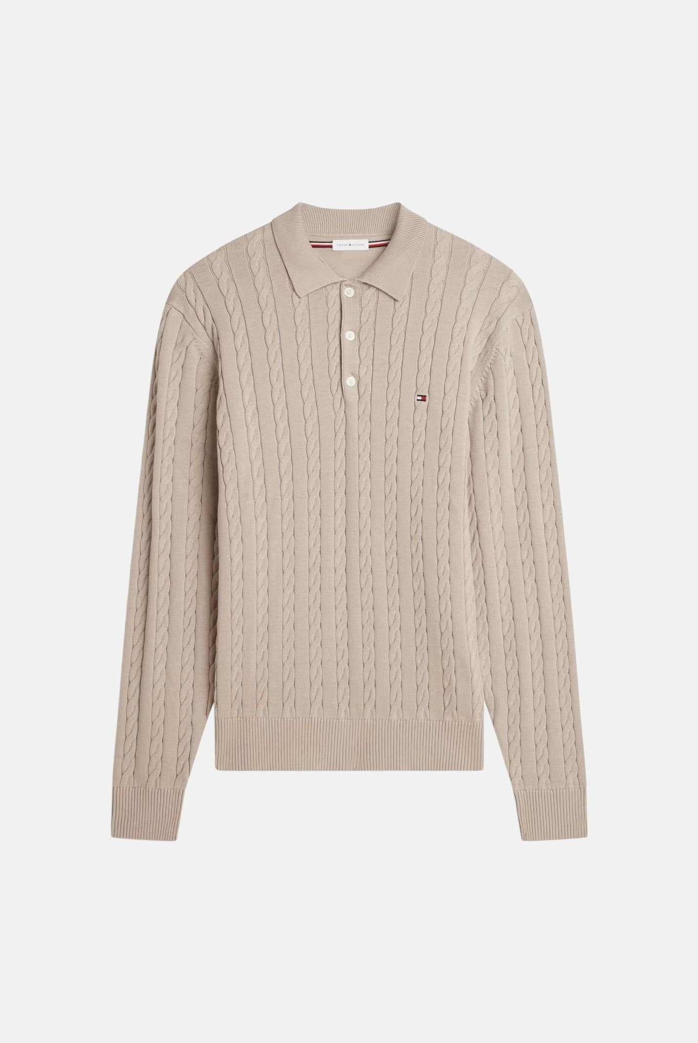 TOMMY HILFIGER Polo CABLE in maglia batique beige da uomo con lavorazione a trecce <BR/> MW0MW41955 AEG TOMMY HILFIGER