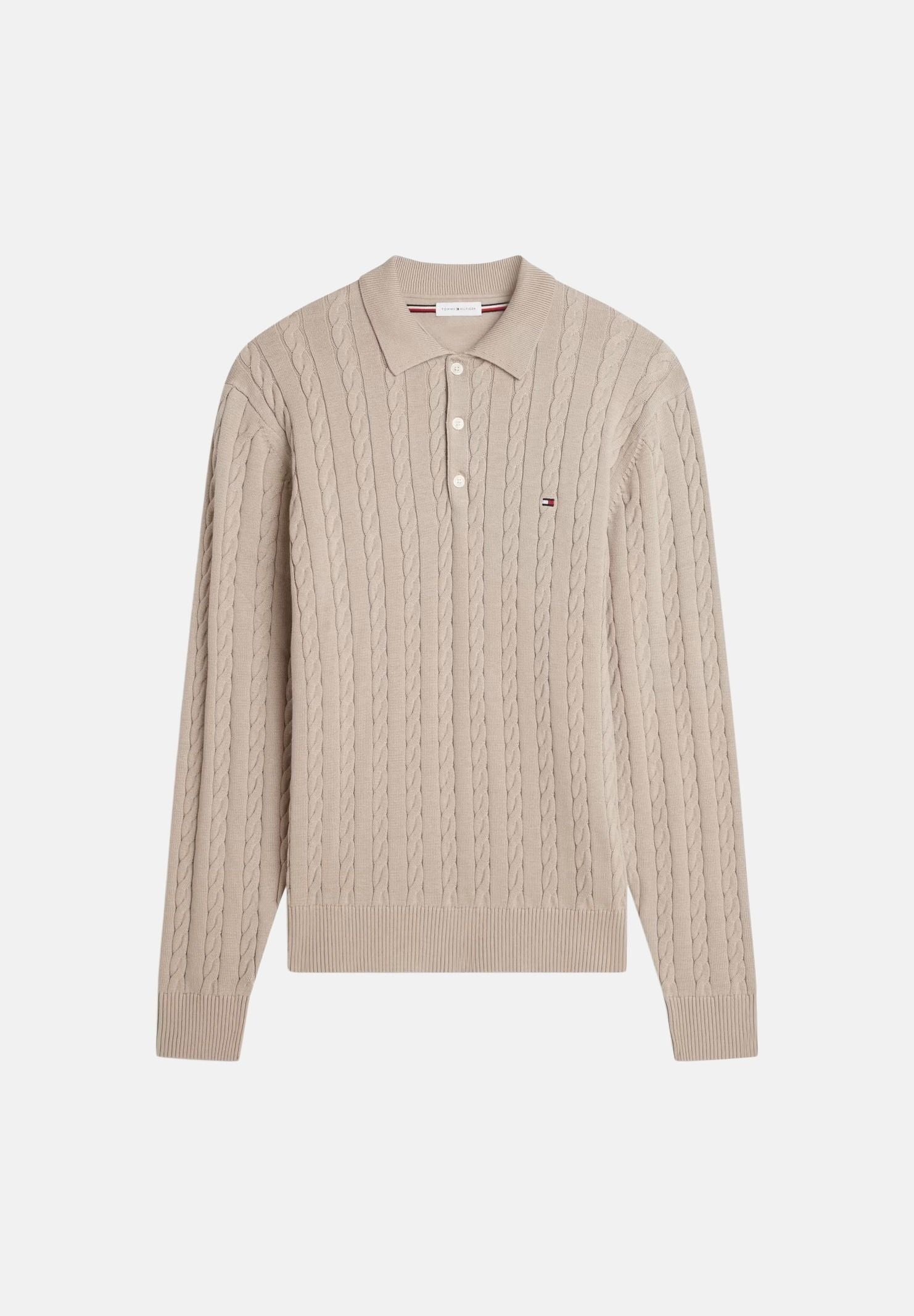 TOMMY HILFIGER Polo CABLE in maglia batique beige da uomo con lavorazione a trecce <BR/> MW0MW41955 AEG TOMMY HILFIGER