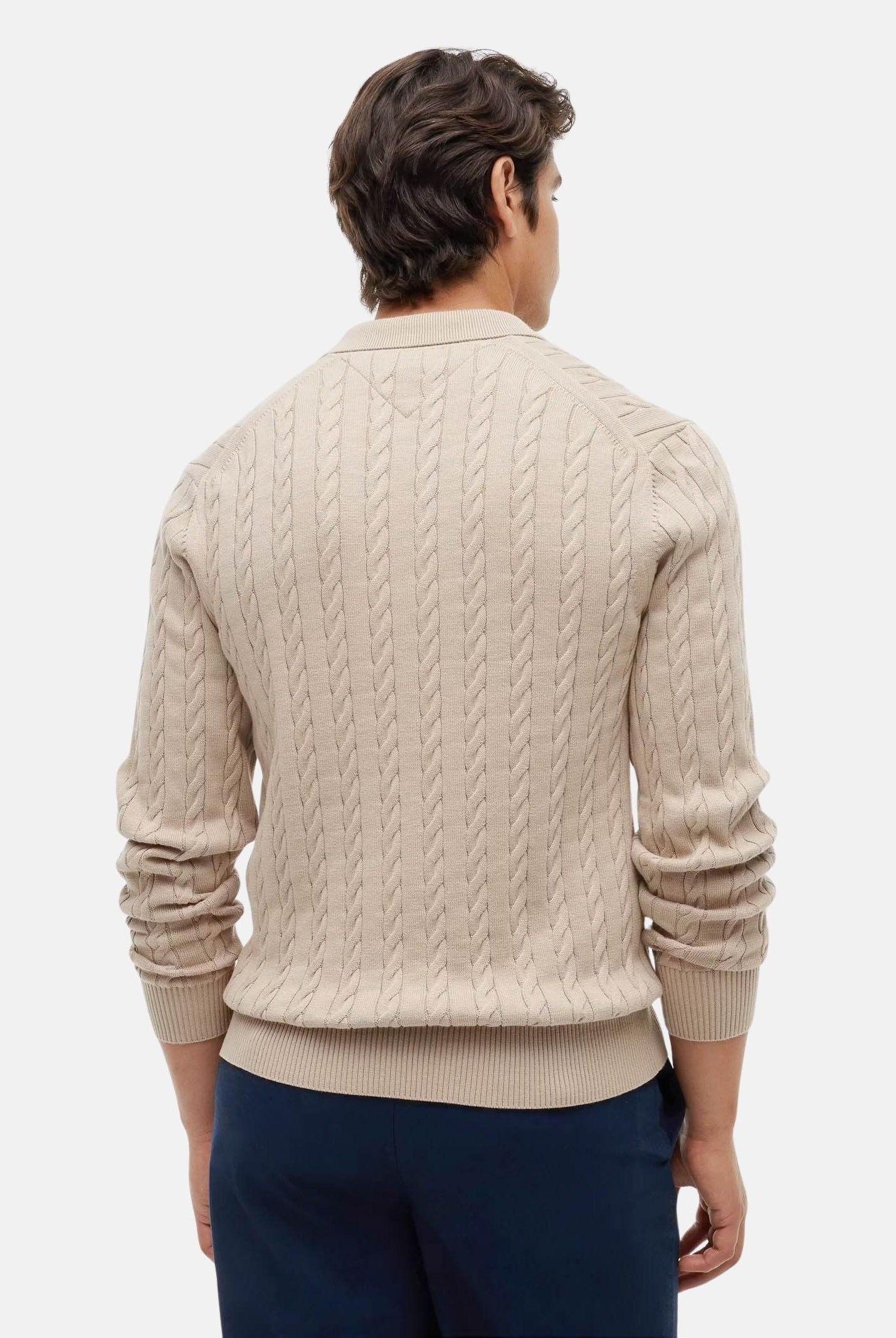 TOMMY HILFIGER Polo CABLE in maglia batique beige da uomo con lavorazione a trecce <BR/> MW0MW41955 AEG TOMMY HILFIGER