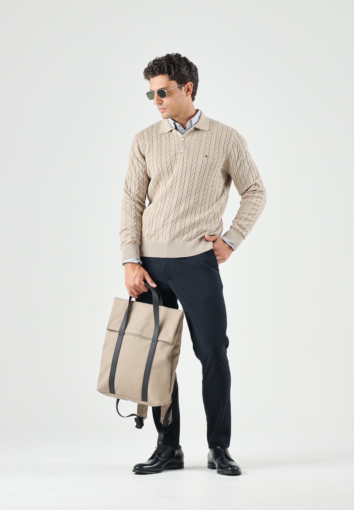 TOMMY HILFIGER Polo CABLE in maglia batique beige da uomo con lavorazione a trecce <BR/> MW0MW41955 AEG TOMMY HILFIGER