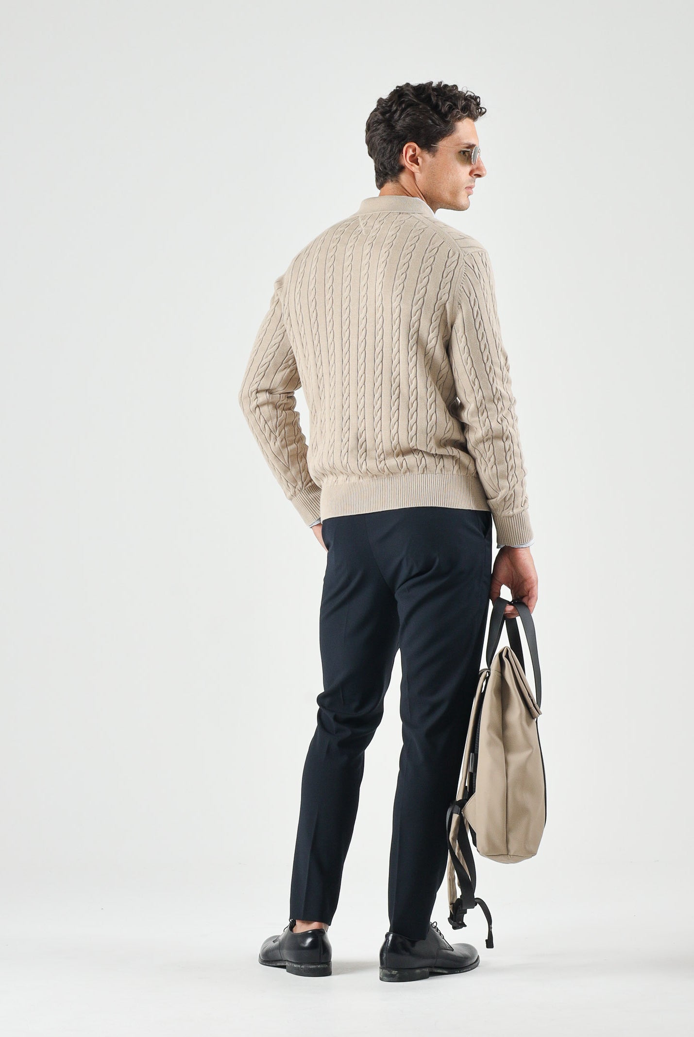TOMMY HILFIGER Polo CABLE in maglia batique beige da uomo con lavorazione a trecce <BR/> MW0MW41955 AEG TOMMY HILFIGER